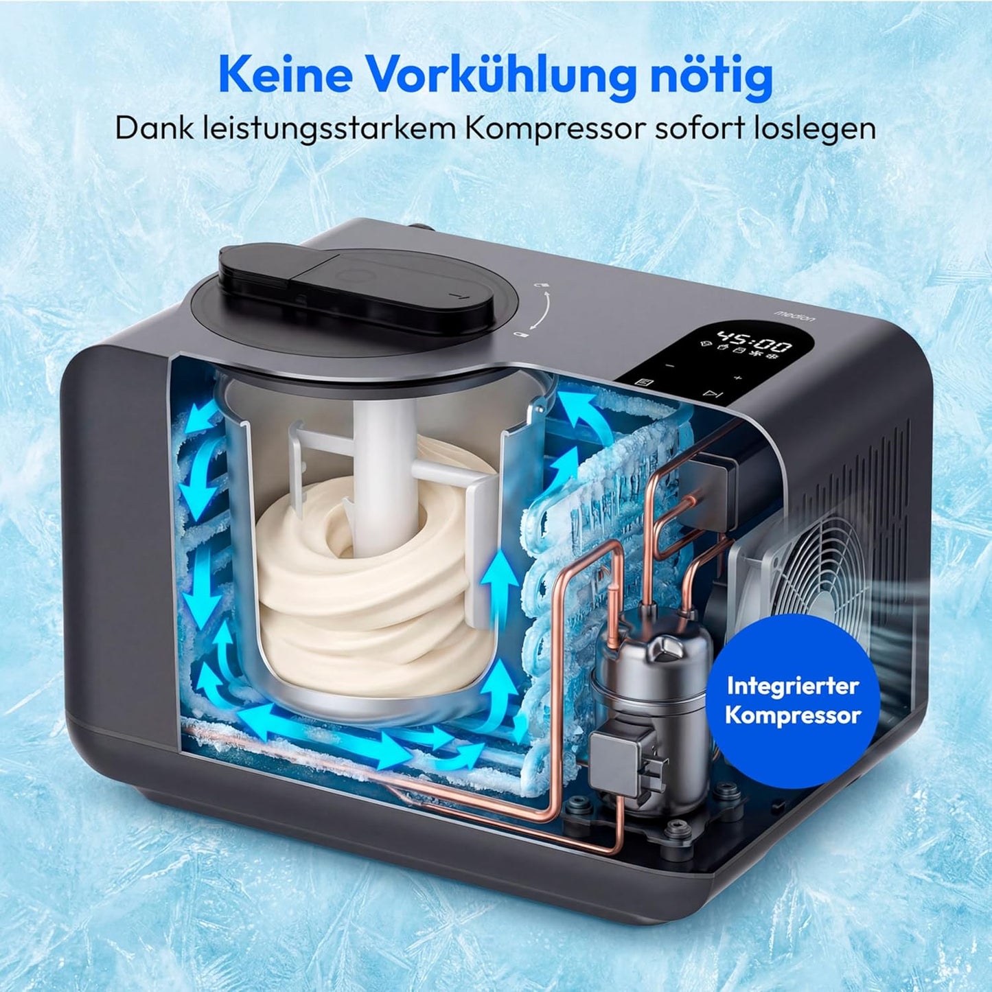 MD 100087 Speiseeisbereiter mit Kompressor und Touch-Display, Eiscreme, Joghurt & Slush