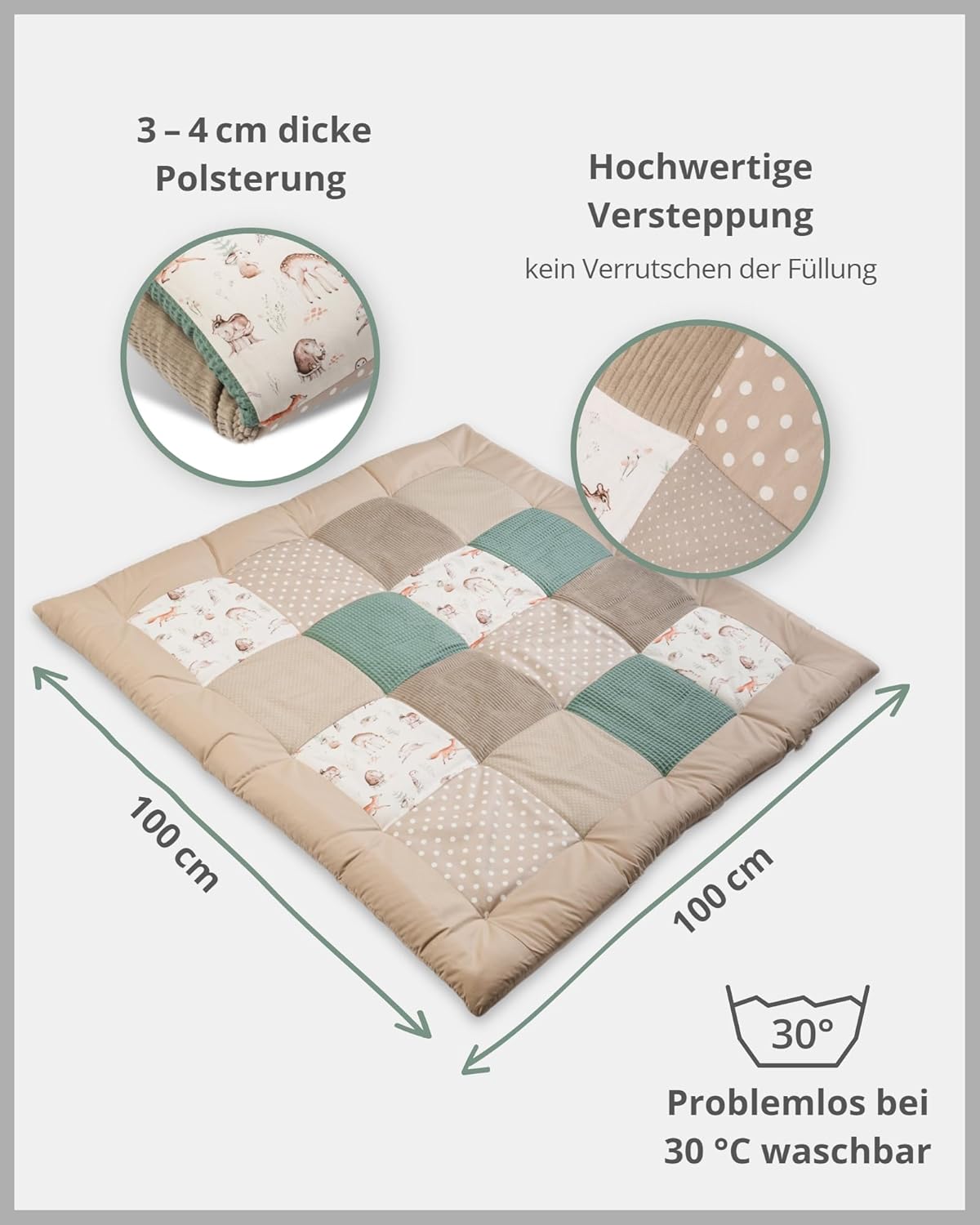 Krabbel- & Spieldecke Baby 100x100 cm (dick gepolstert), Waldfreunde 100 x 100 cm