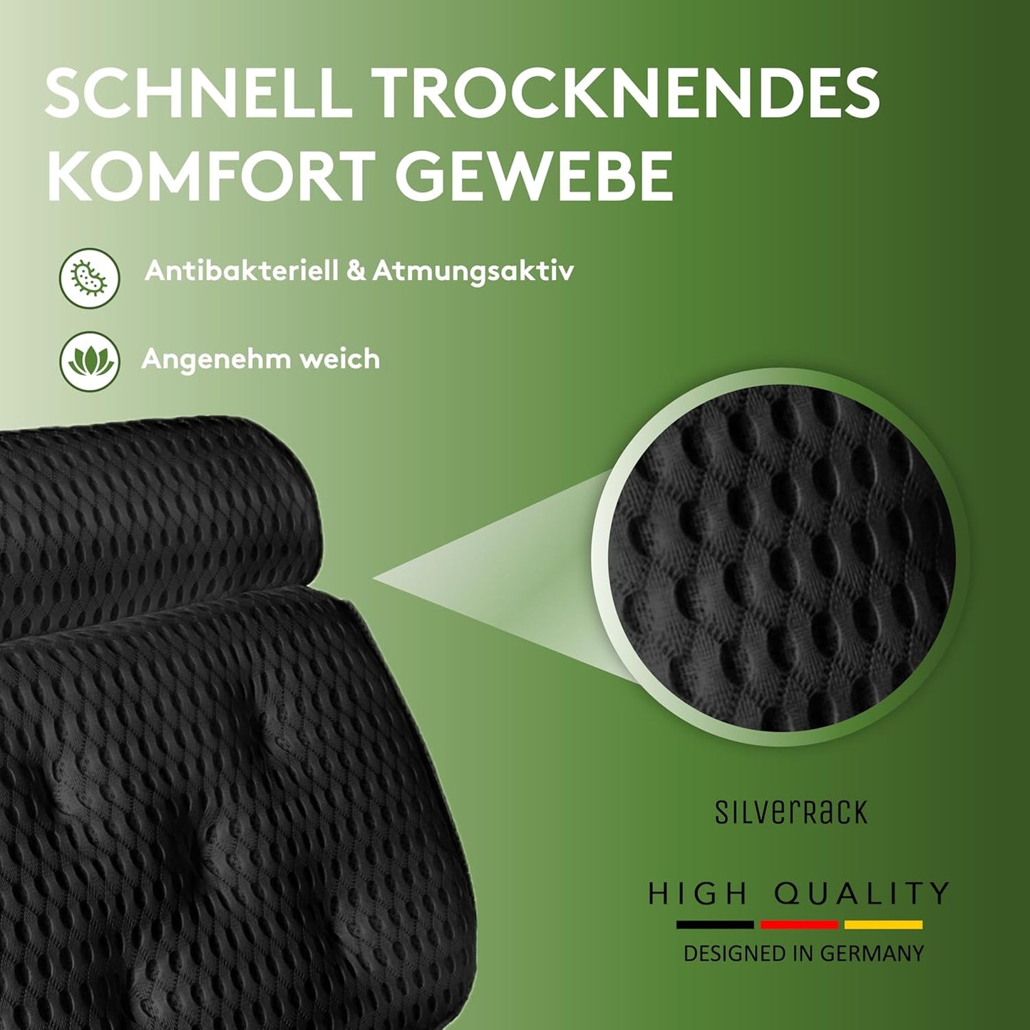 Badewannenkissen mit Saugnäpfen, ergonomisch, Schwarz 4d