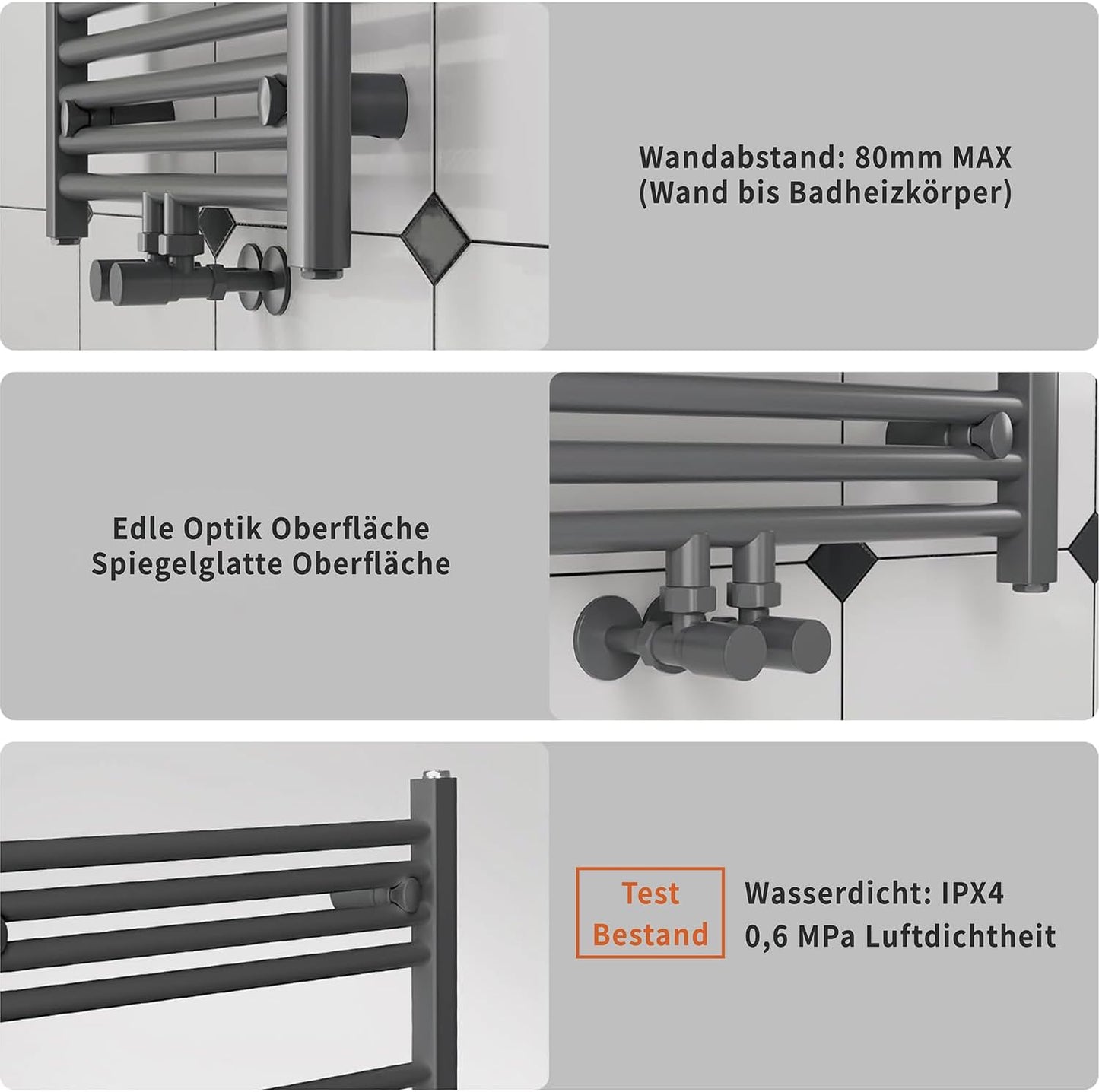 R01 Badheizkörper mit Seitenanschluss, Grau 1200x500mm
