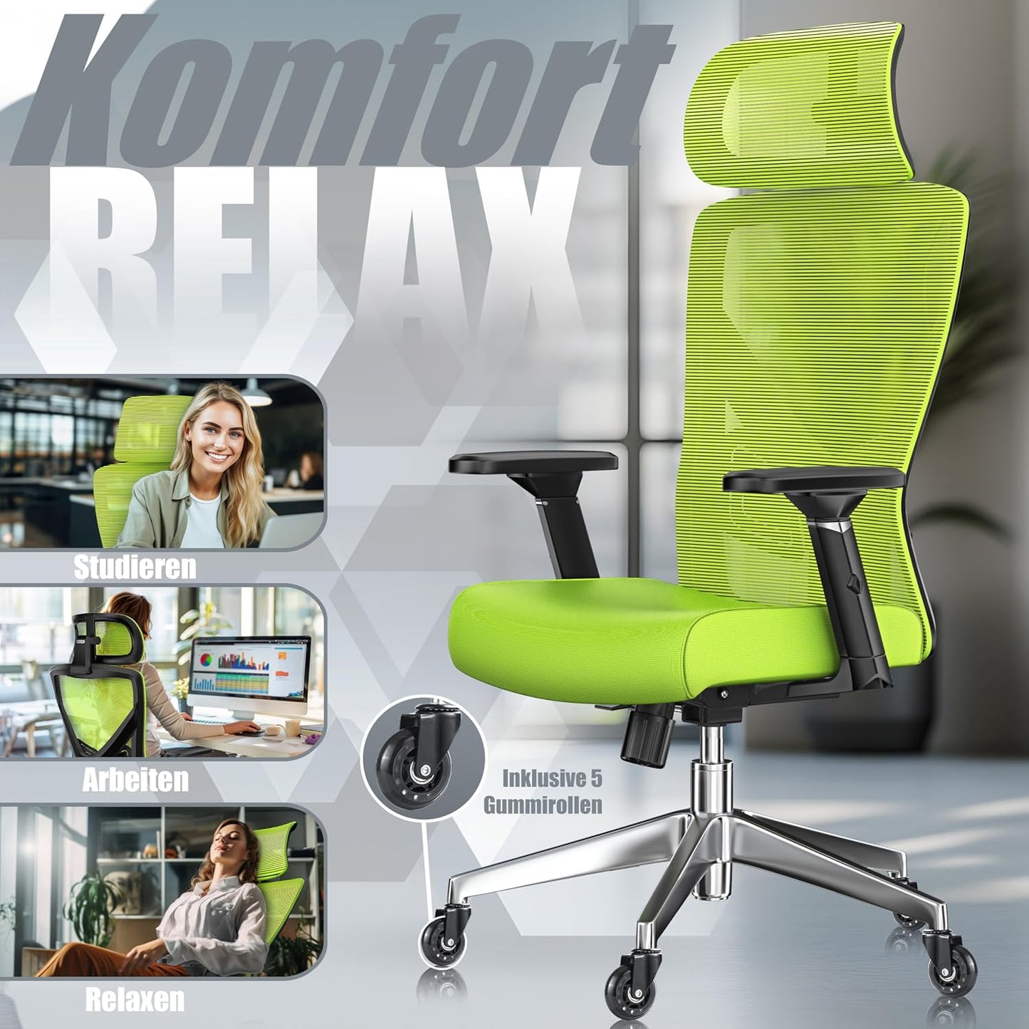 Ergonomischer Bürostuhl mit Wippfunktion und Lendenstütze, Grün / Silber