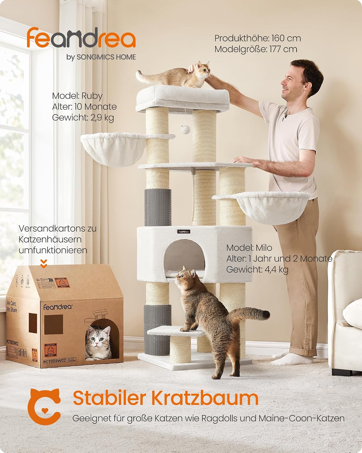 Kratzbaum für grosse Katzen mit Bürsten und Höhle, cremeweiss + beige