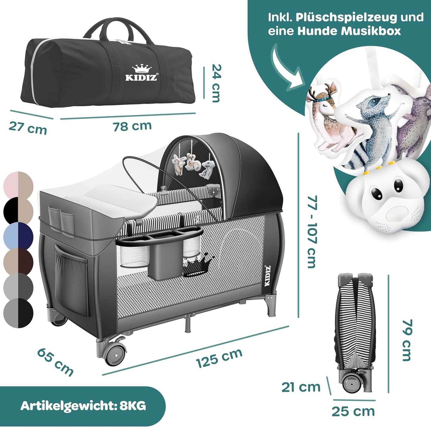 Klappbares Babyreisebett mit Matratze & Zubehör, Schwarz