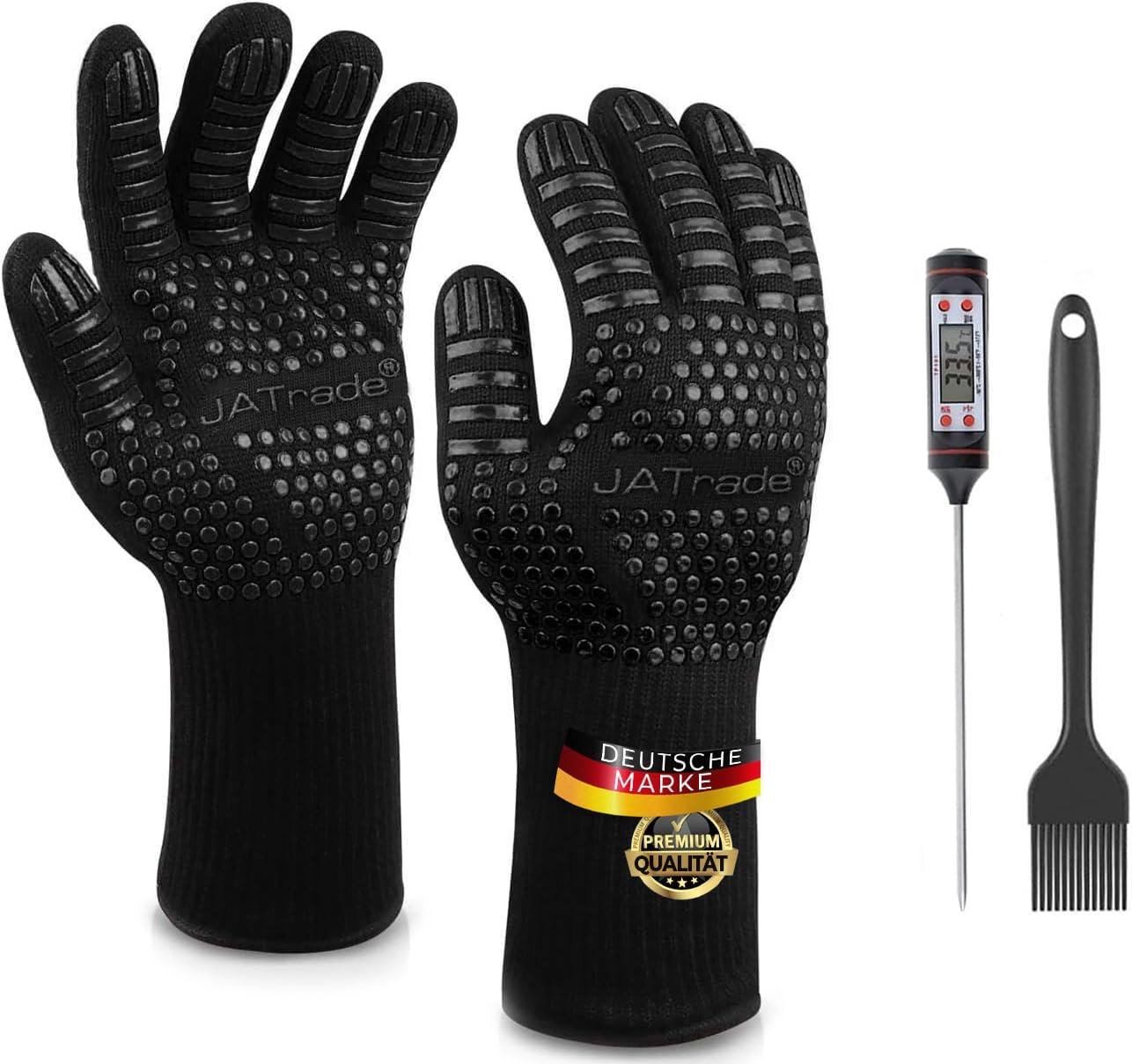 Hitzebeständige Grillhandschuhe mit Grillthermometer, Schwarz - Gr. L/Xl