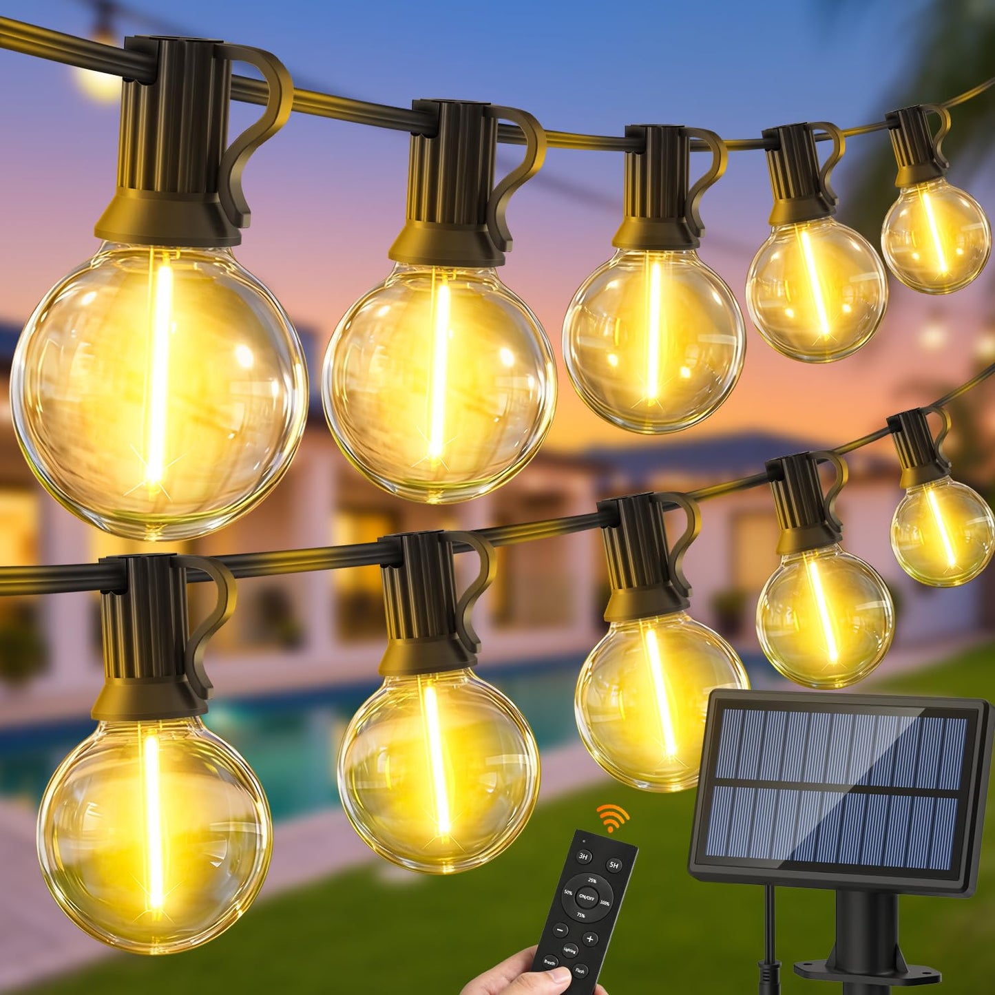 Solar LED Lichterkette mit Fernbedienung, G40 Gewinde, 20M-Solarenergie