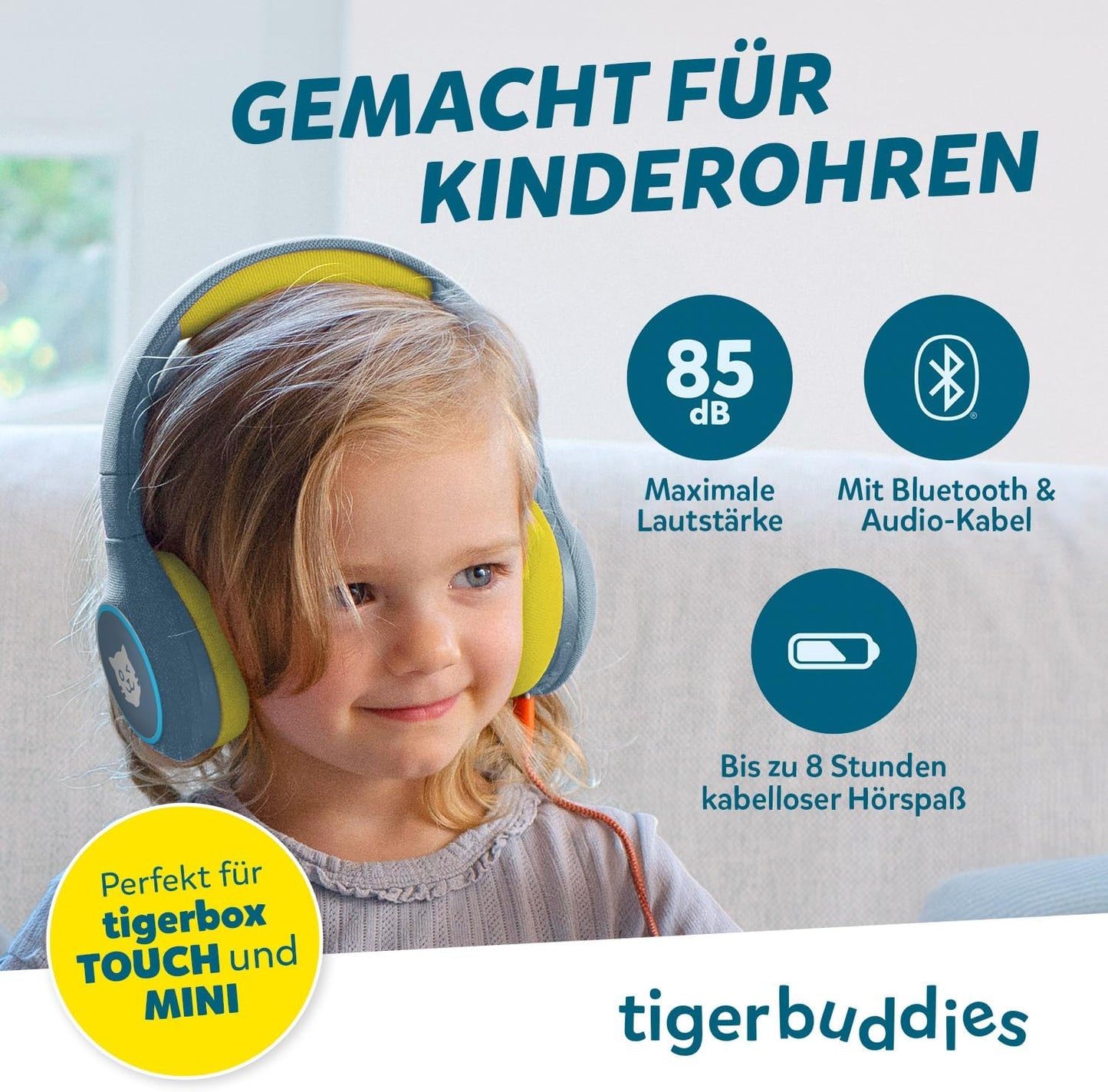 Bluetooth Kinderkopfhörer mit Lautstärkebegrenzung, dunkelblau/gelb