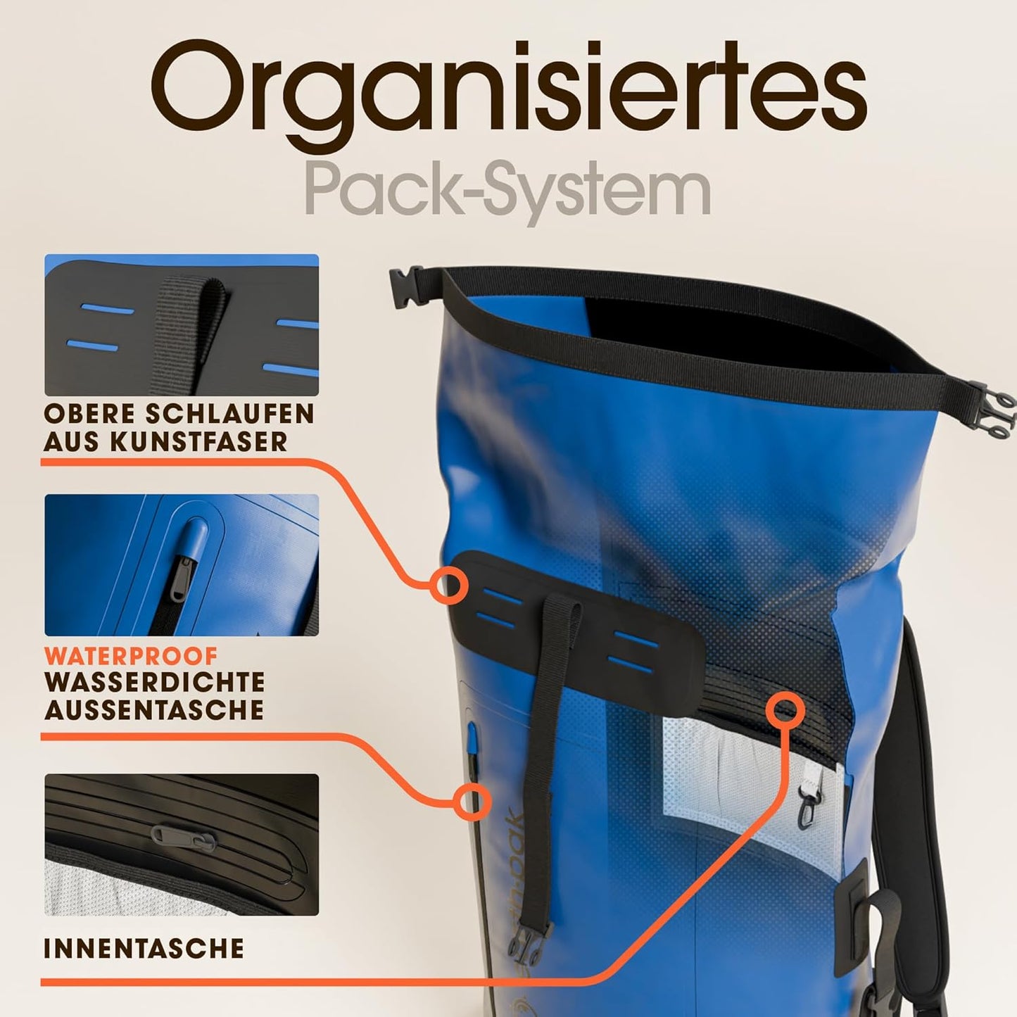 Wasserdichter Rucksack mit Rolltop-Verschluss und Handyhülle, 85L Blau
