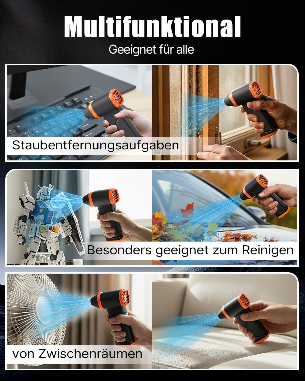 Elektrischer Staubgebläse, kabellos, wiederaufladbar