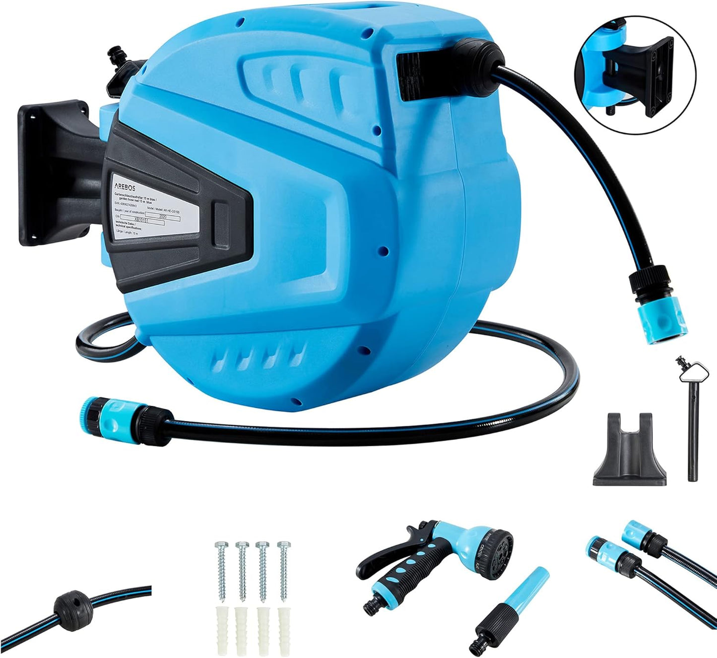 Schlauchaufroller mit 15m Schlauchtrommel, Blau