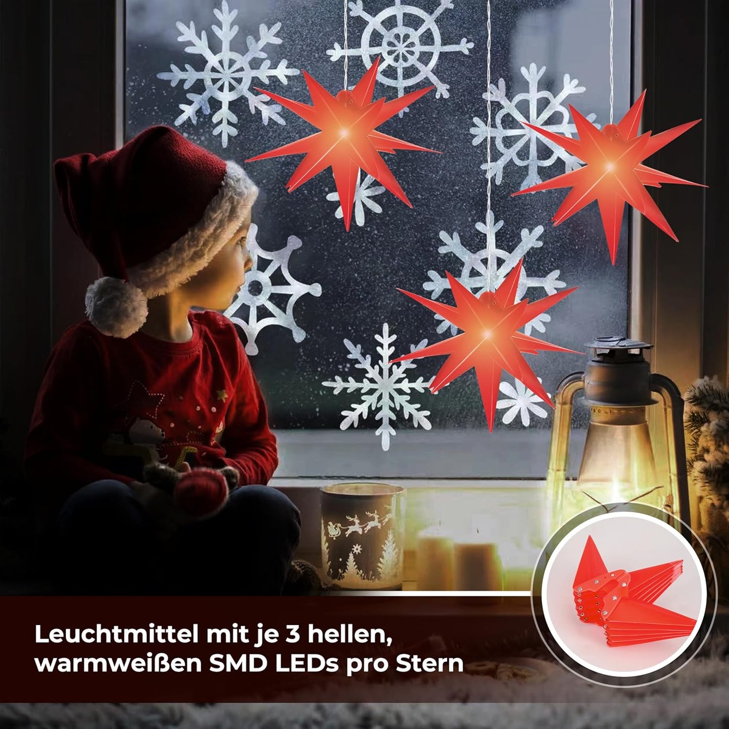 3D Leuchtstern-Set mit LED-Beleuchtung, 3-teilig, Rot