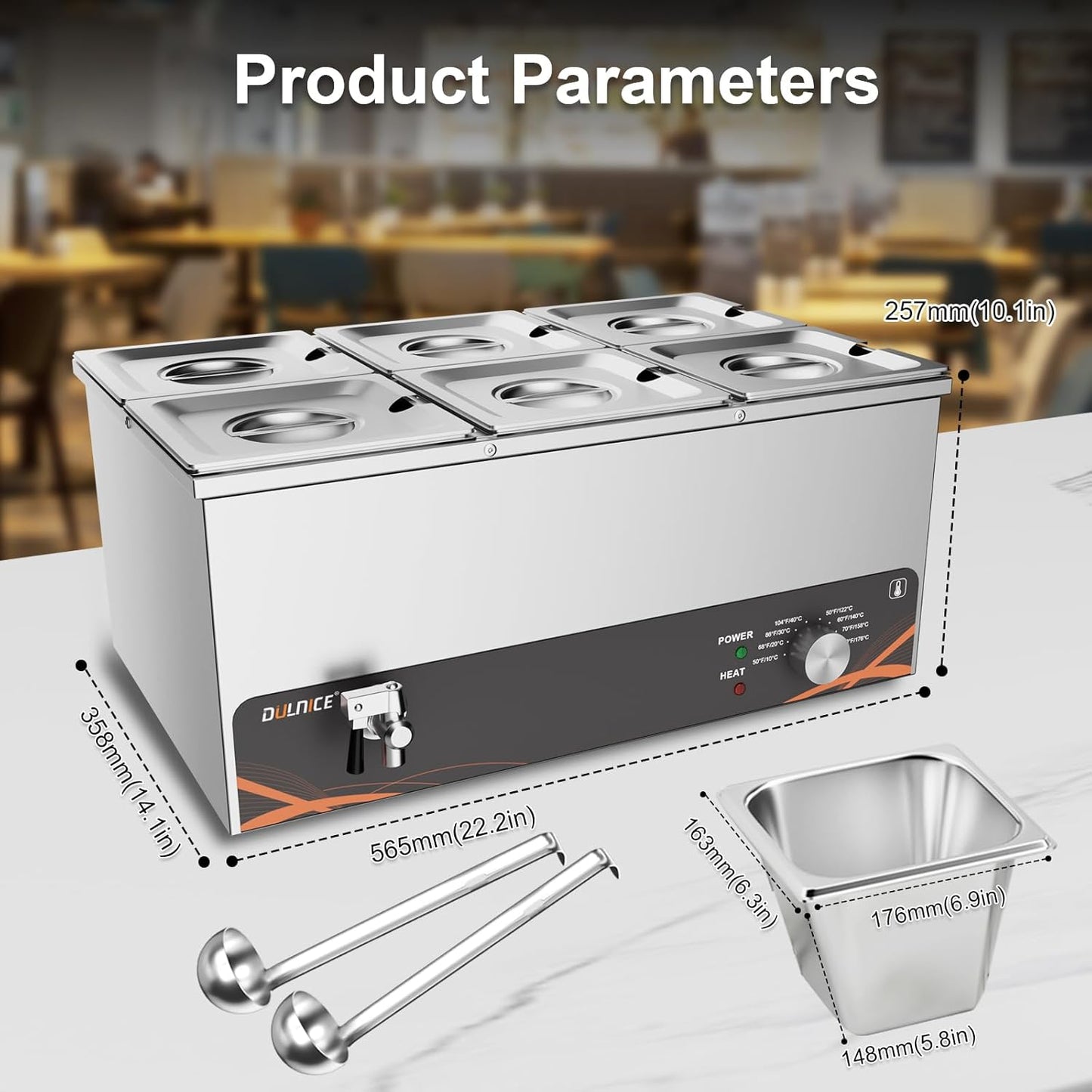 Bain Marie Speisewärmer mit sechs 1/6 GN Speisewannen, 6-Pan