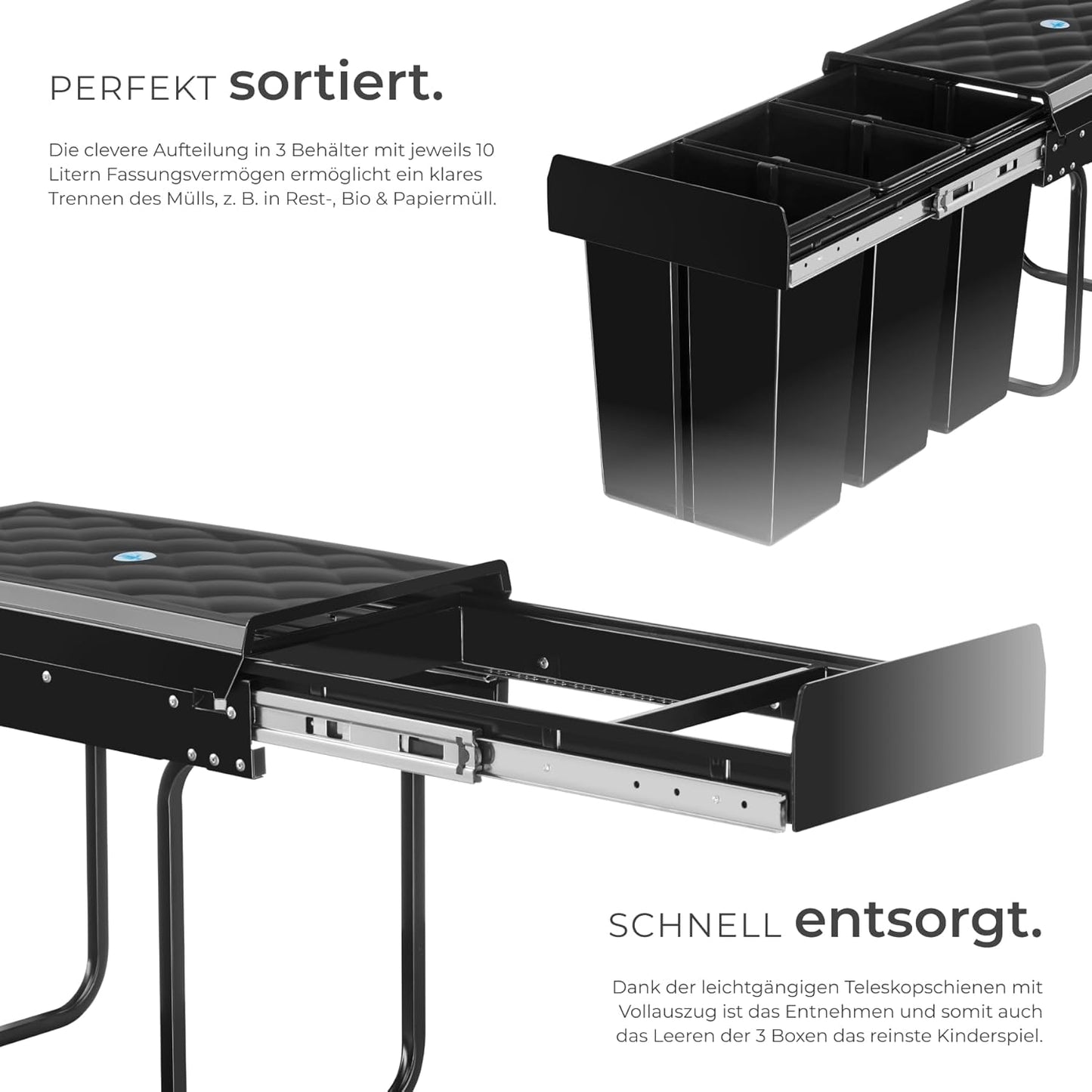 Ausziehbares Mülltrennsystem für Schrank (3x10L), 3x 10L