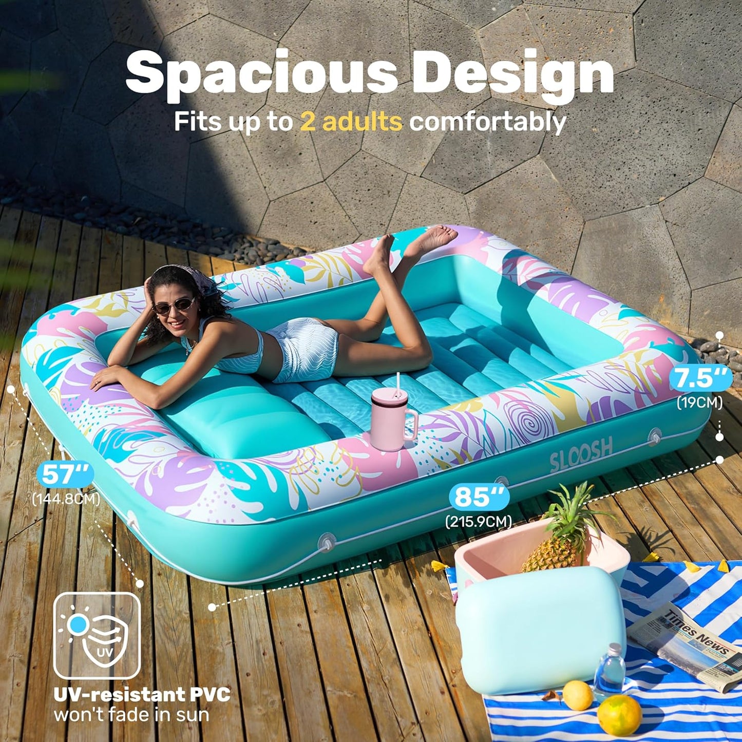 Aufblasbarer 4-in-1 Sonnenliegepool mit Kissen und Getränkehalter, Tropisches Blau XL