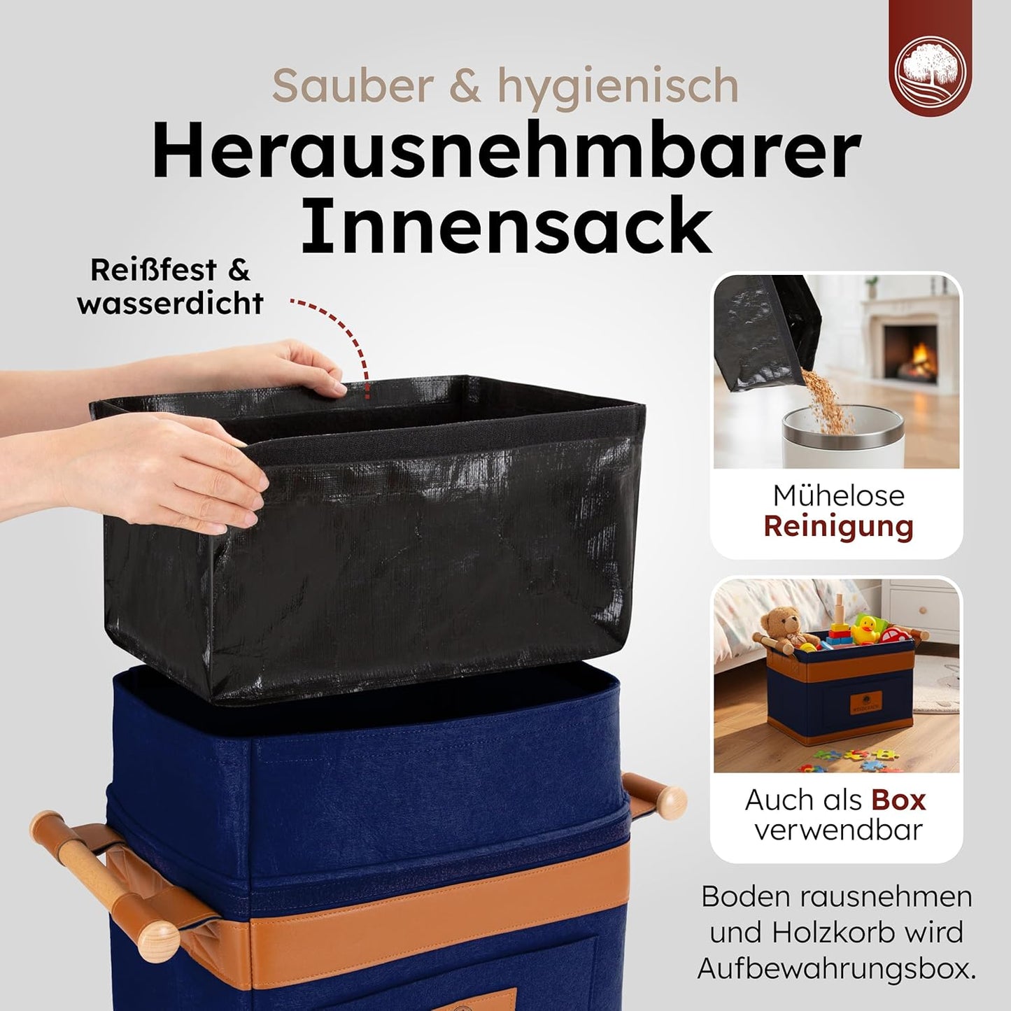 Kaminholzkorb mit Griffen, Dunkelblau