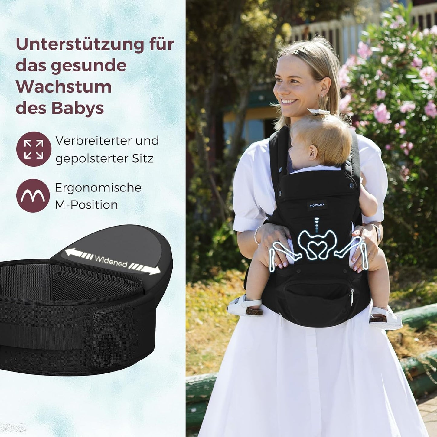 Babytrage mit Hüftkissen und Lendenstütze, Schwarz
