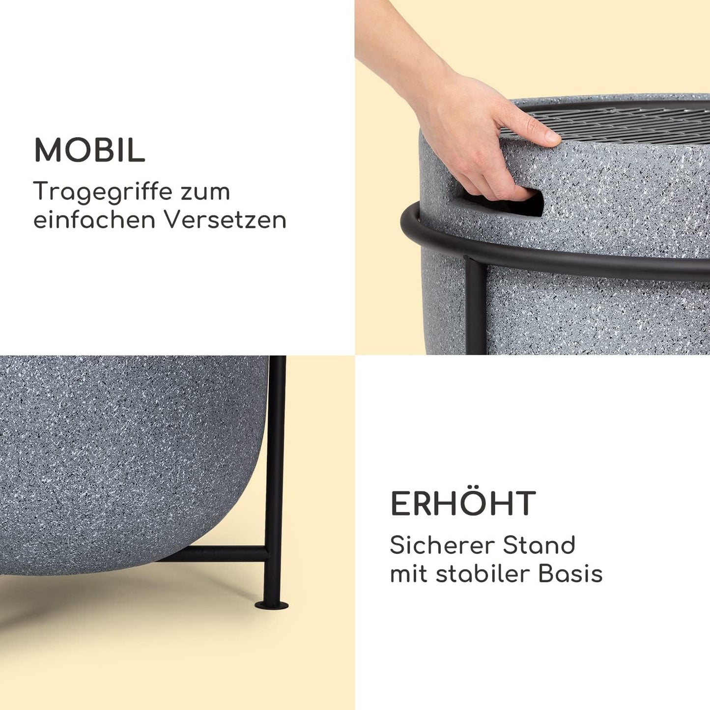 Tragbare Feuerschale mit Grillrost & Holzlagerfach, Grail Grau