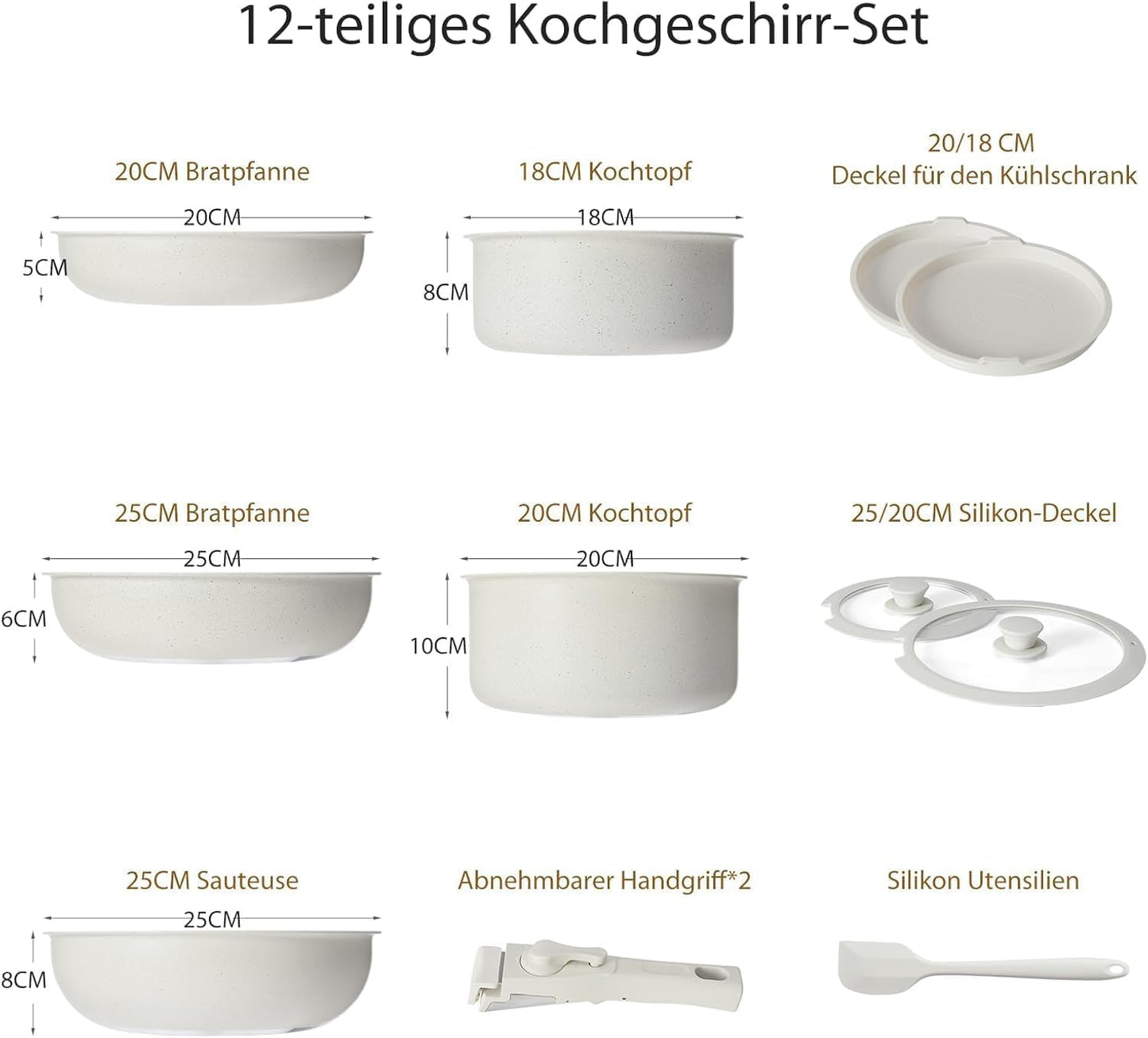 12-teiliges Töpfe und Pfannen Set mit abnehmbaren Griffen, Beige 12-Piece Set
