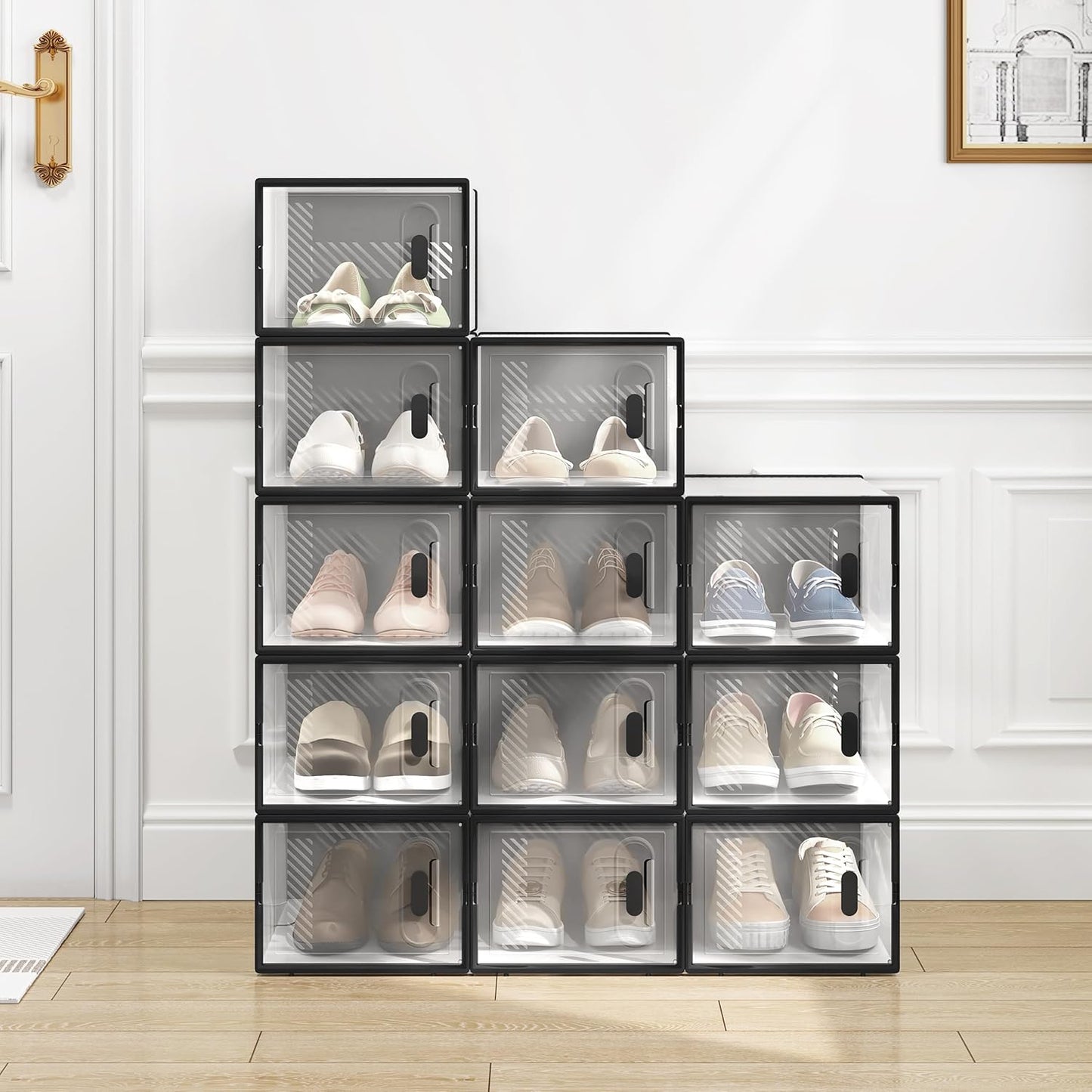 Stapelbare Schuhboxen-Set mit Magnettür (12 Stück), Transparent+schwarz 12er 35x19x25 cm