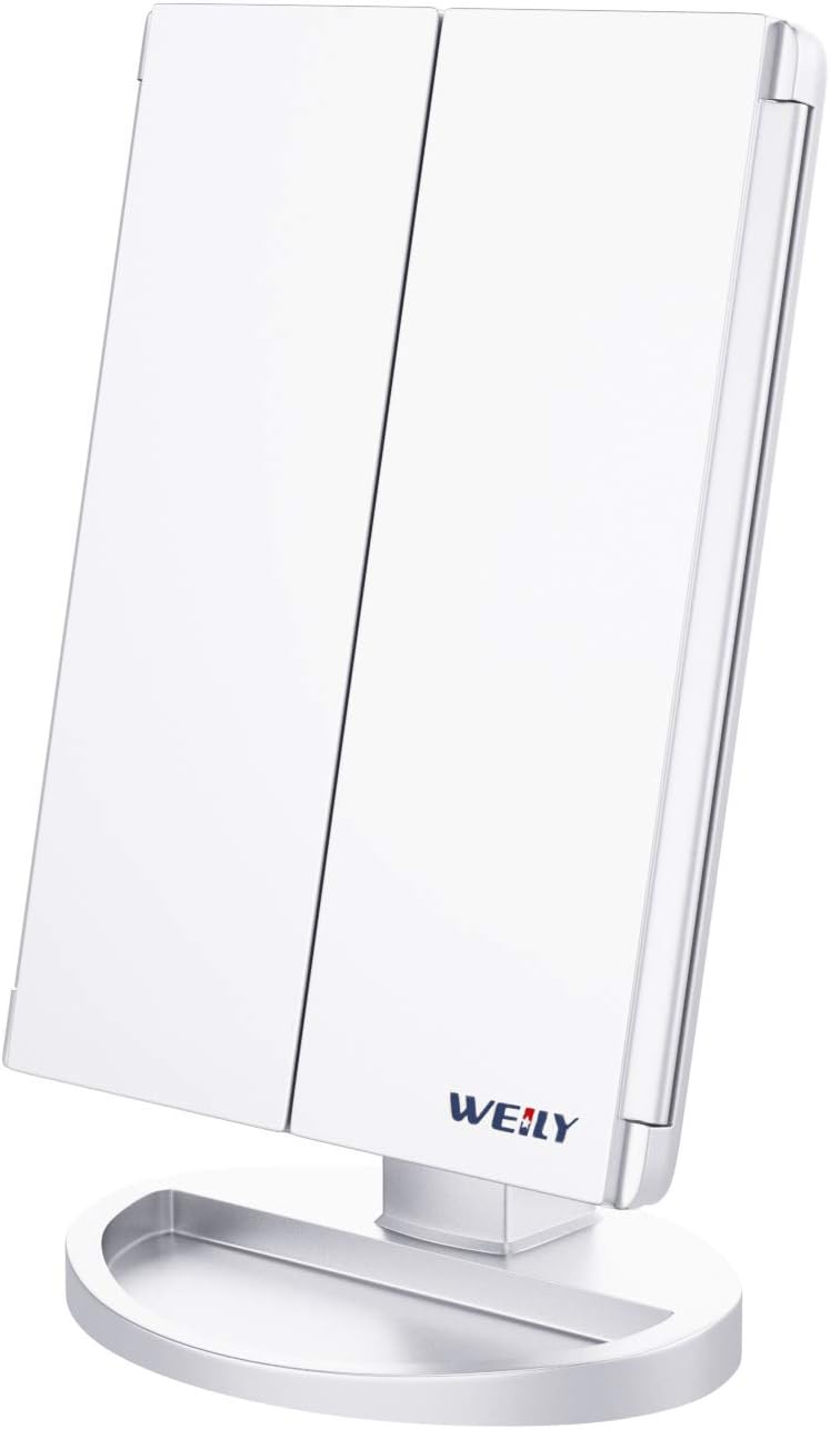 Dreifach gefalteter Kosmetikspiegel mit LED & Vergrösserung, Weiss