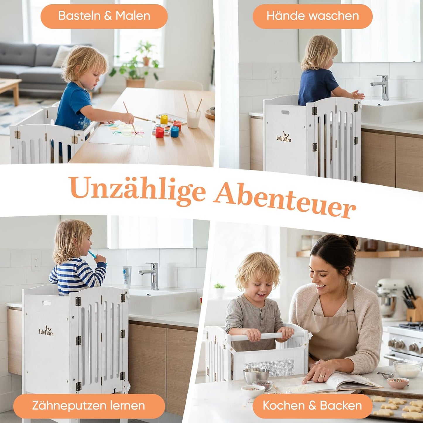 Faltbarer Lernturm ab 1 Jahr, höhenverstellbar, Weiss