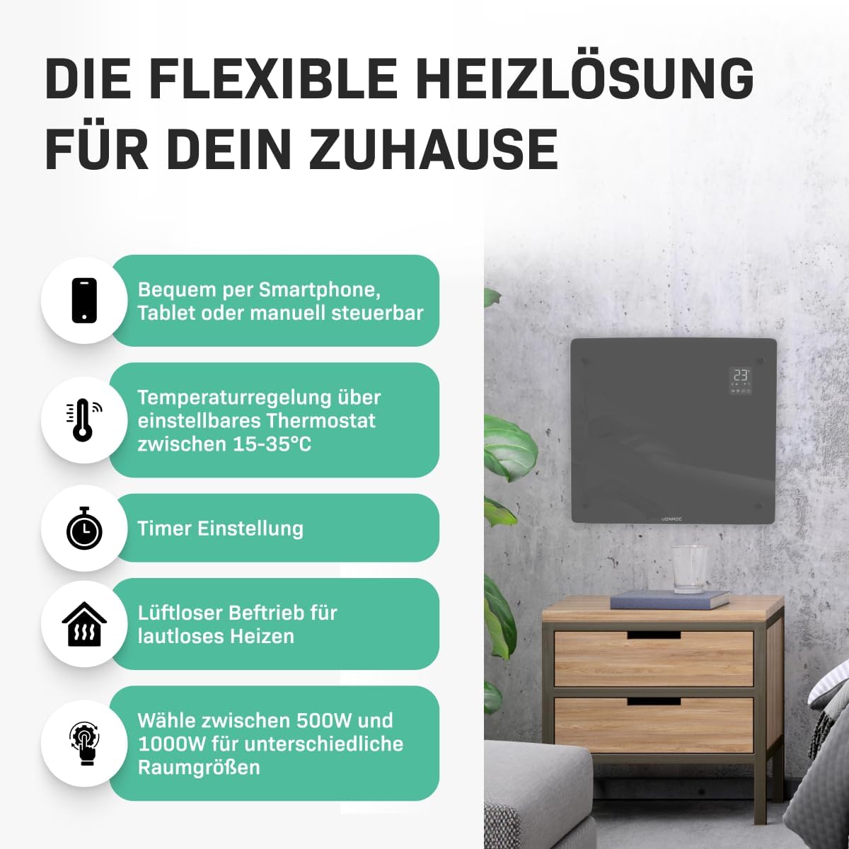 Konvektor-Heizung für Wand-/Bodenmontage mit App-Steuerung, 1000W, Grau
