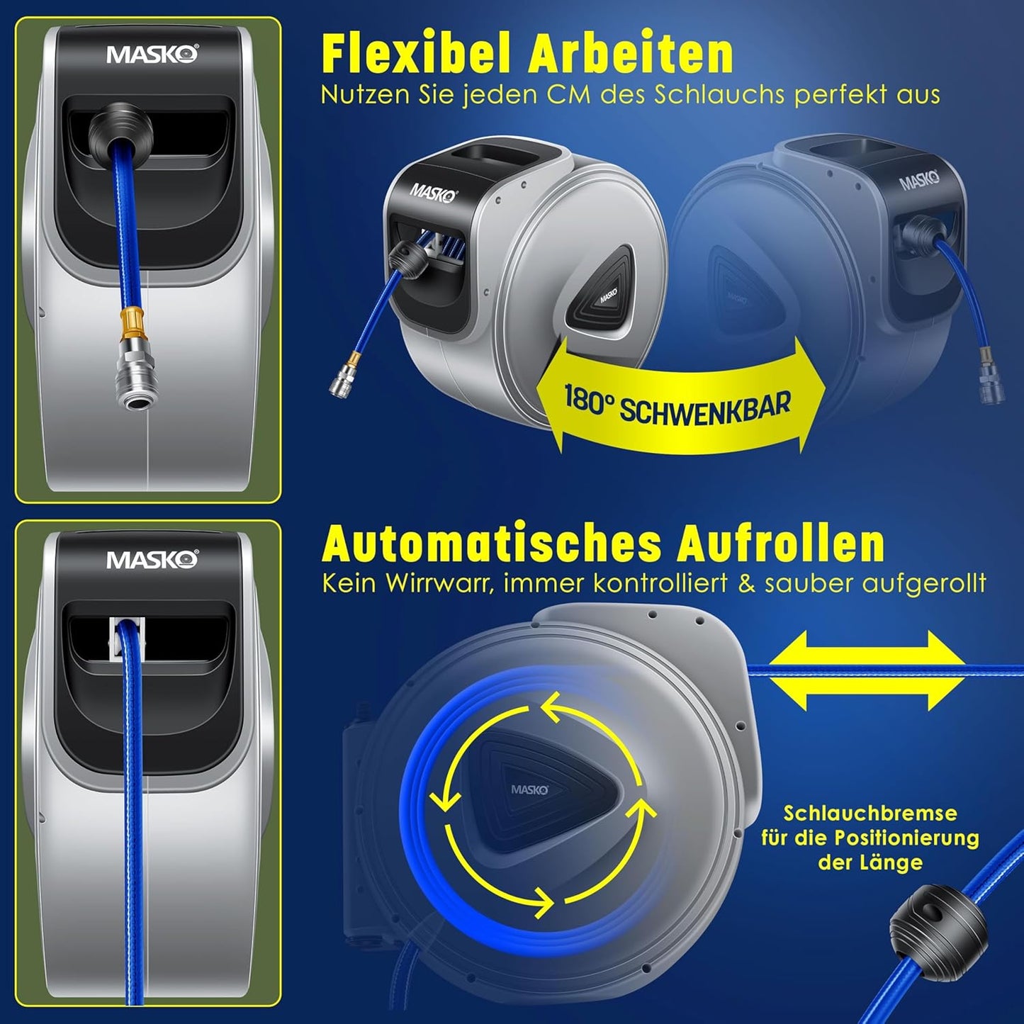 Automatik Schlauchtrommel mit Druckluftschlauch mit Wandhalterung, 30m Grau