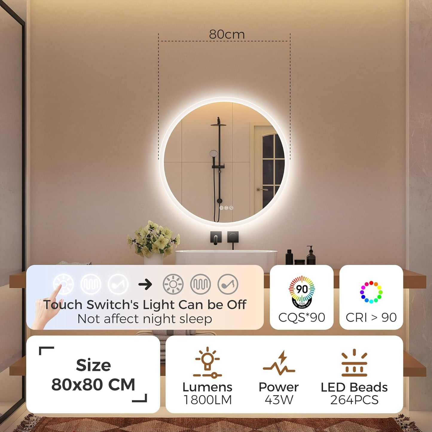 Runder Badspiegel, 80L x 80B cm M3051 Madrid Silber (Bluetooth)