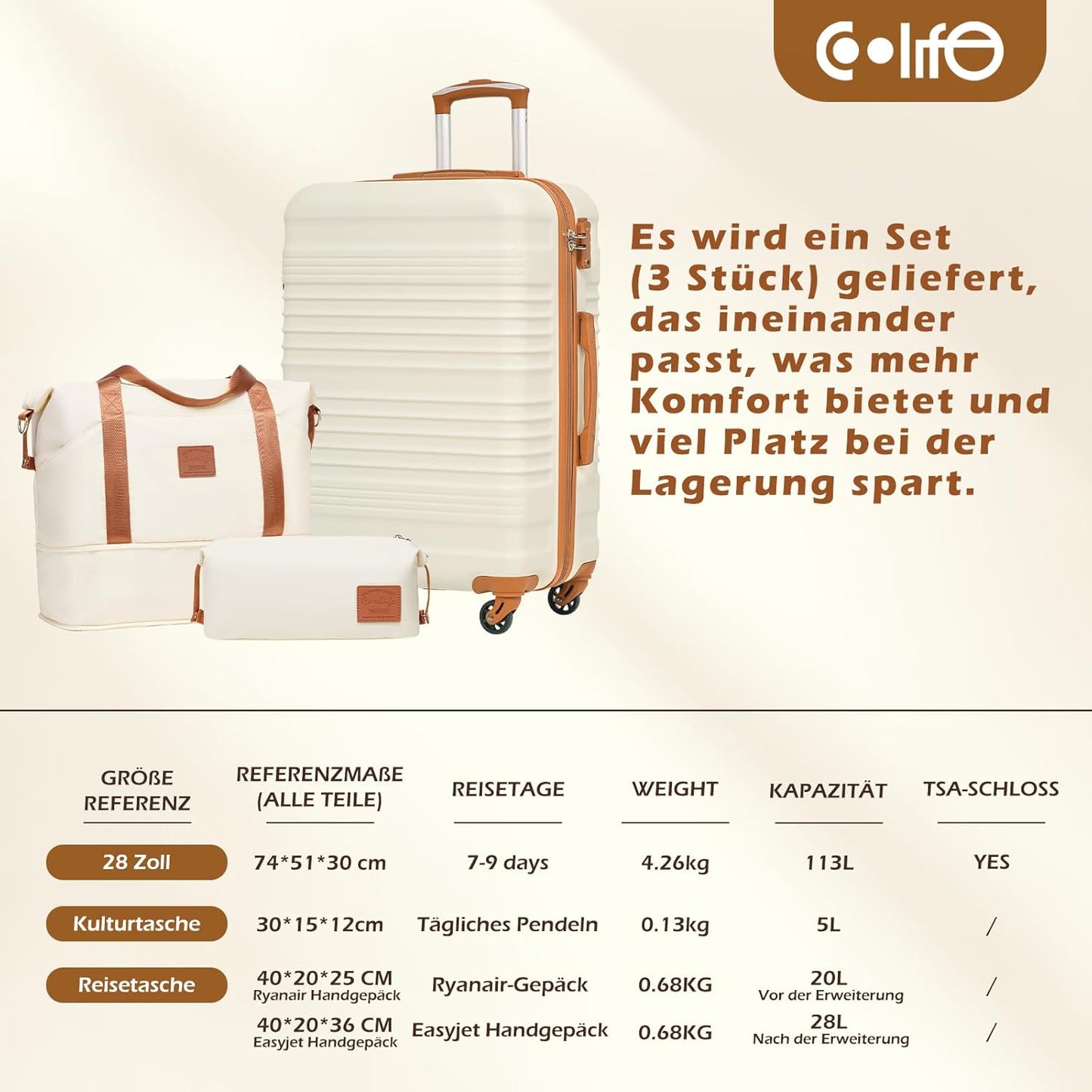 3-teiliges Koffer-Set Essentials mit Reisetasche & Kulturtasche, Großer Koffer-Set 3tlg Schwarz/Braun