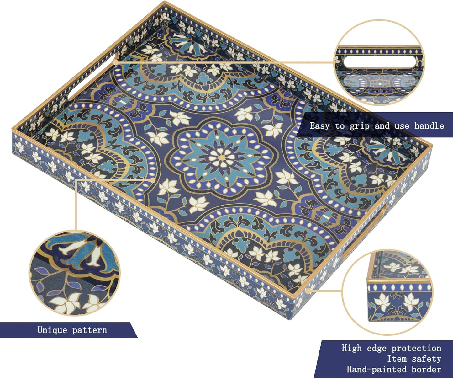 Grosses Serviertablett Boho-Stil, Dunkelblau 40 x 30 x 4 cm Boho