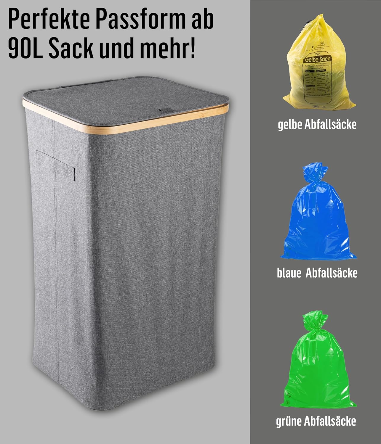 Müllsackständer mit Bambusrahmen, 90L - Grau