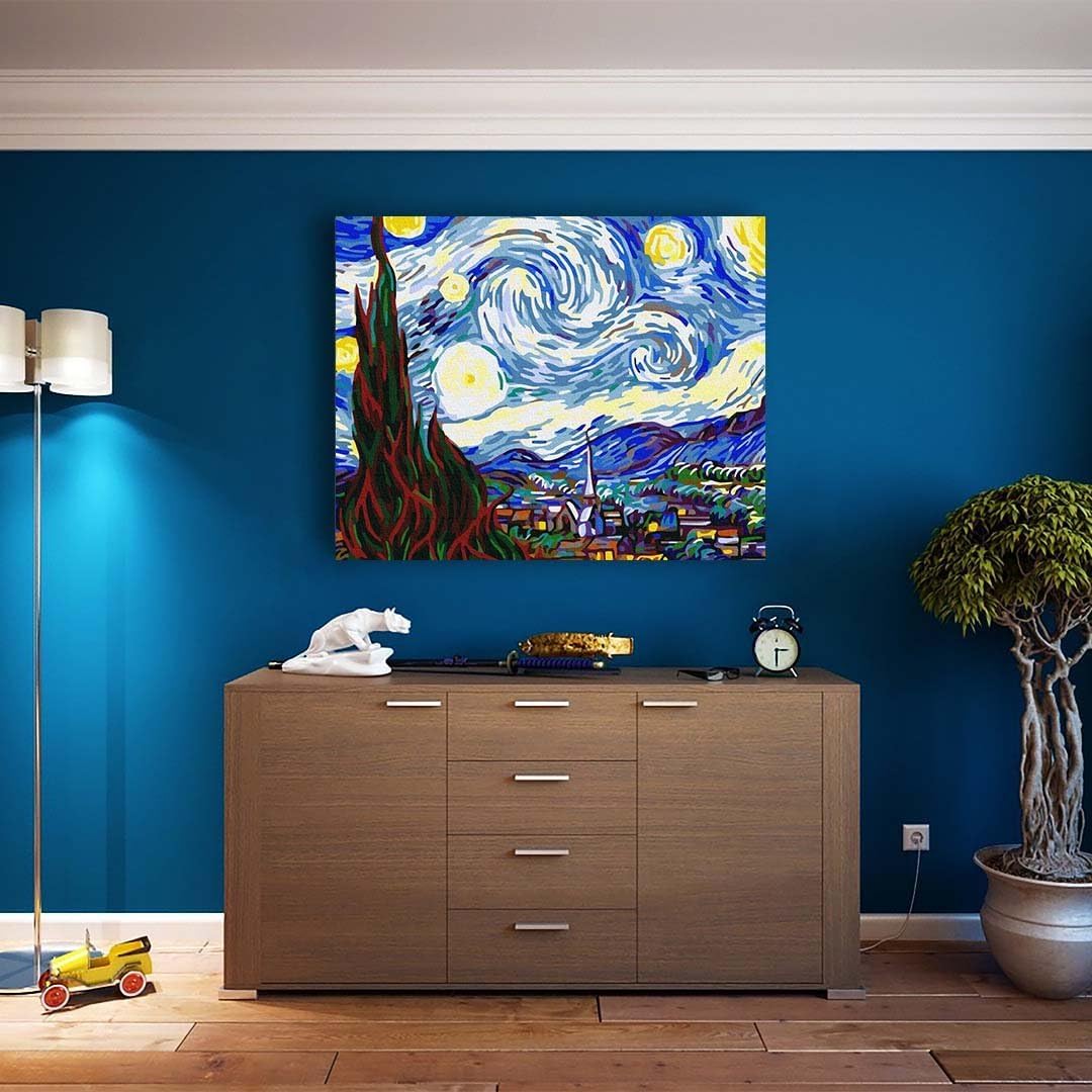 Malen nach Zahlen Set The Starry Night, Vincent van Gogh The Starry Night Mit Rahmen