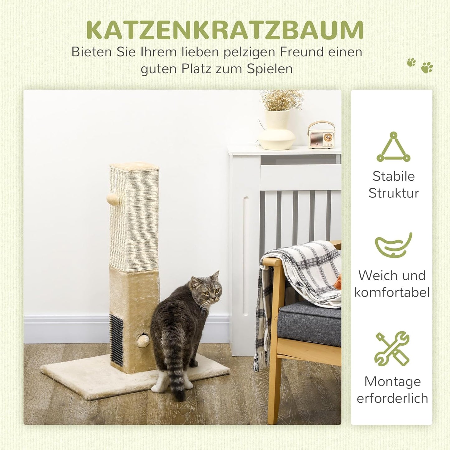Kratzbaum mit Spielball, Beige 59,5L x 39B x 79H cm