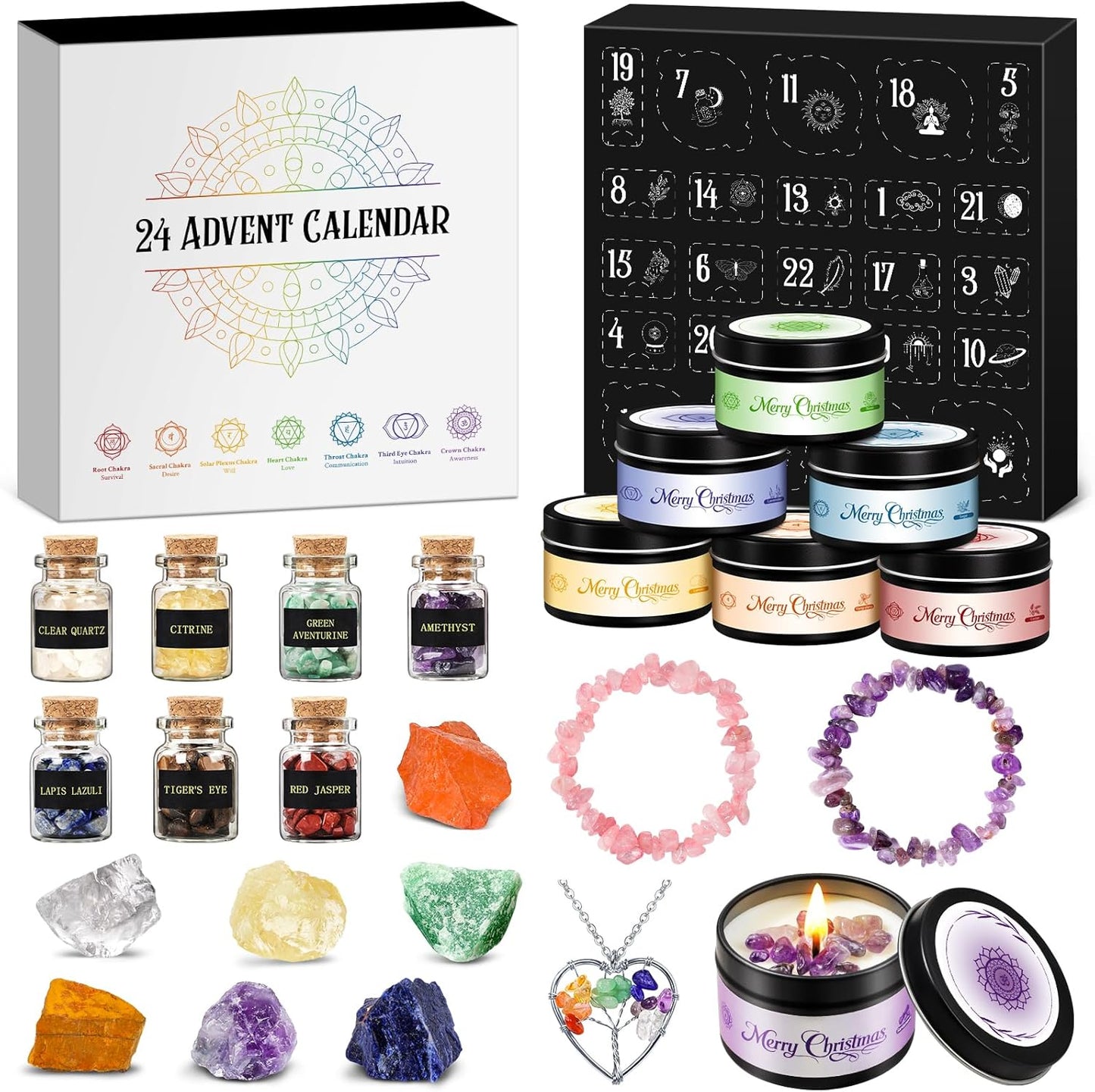 Chakra-Adventskalender mit Edelsteinen und Duftkerzen