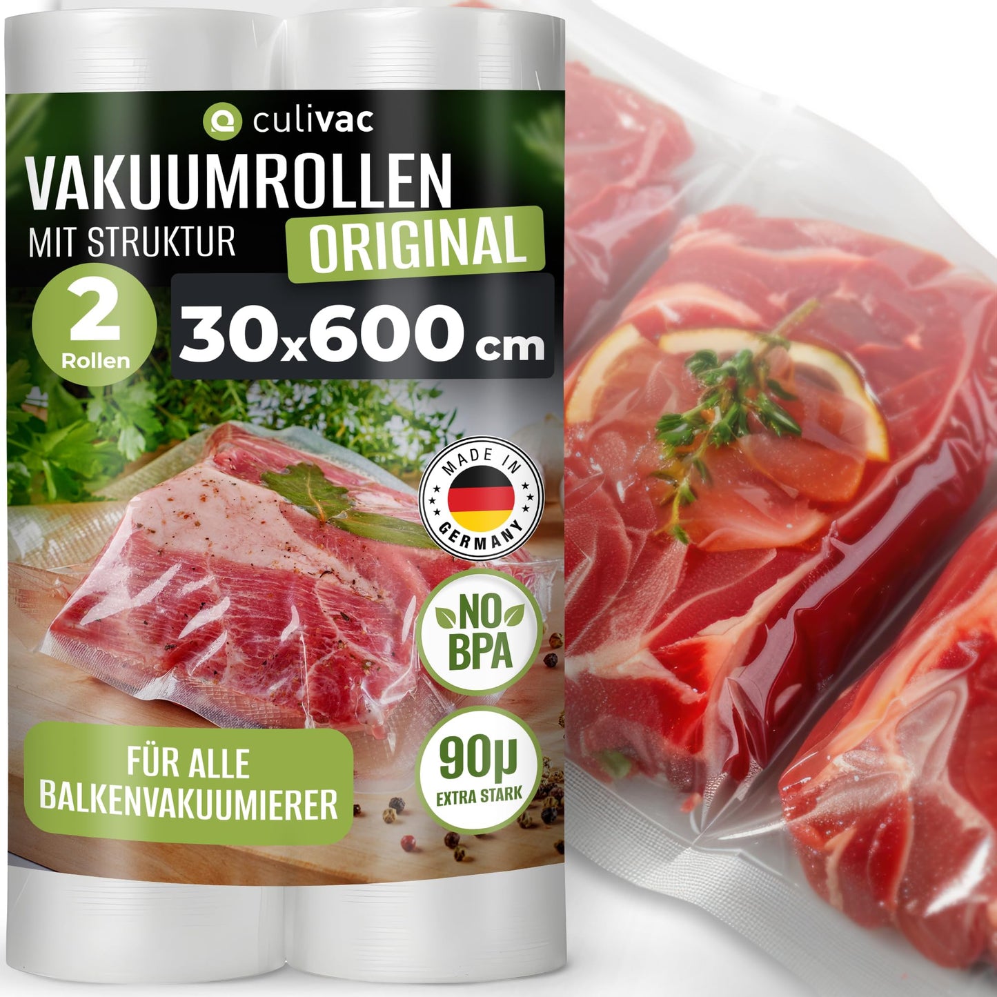 Vakuumfolienrollen, 30x600cm, 4-lagig, 30x600cm 2 Rollen Transparent