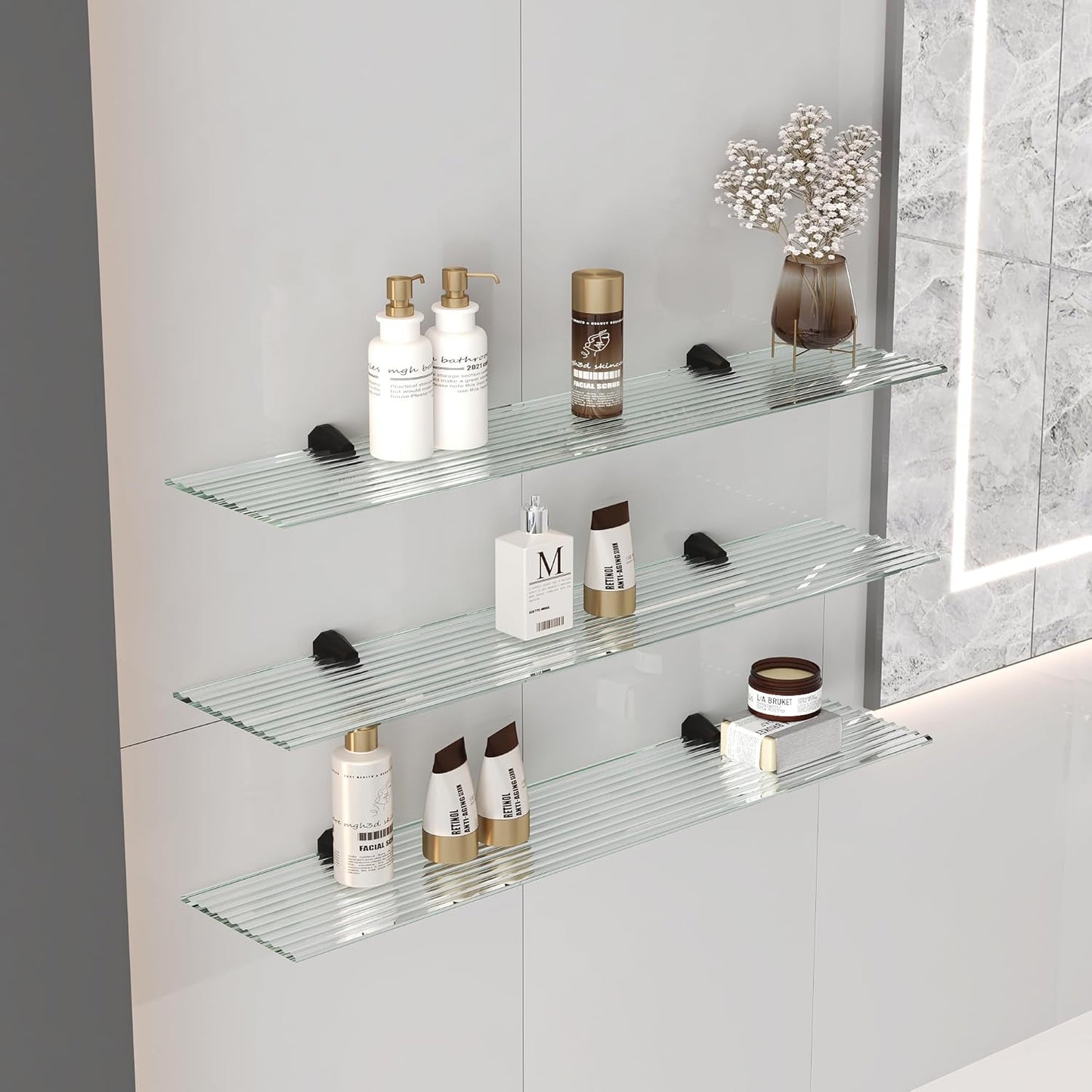 Glas-Wandregal für Badezimmer, 30 cm, ESG-Sicherheitsglas, 30 cm Klar Geriffelt