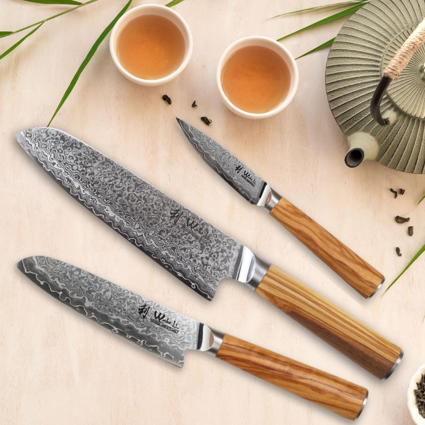 Oribu 3er Damastmesser-Set mit Olivenholzgriff, 3er Santoku Set