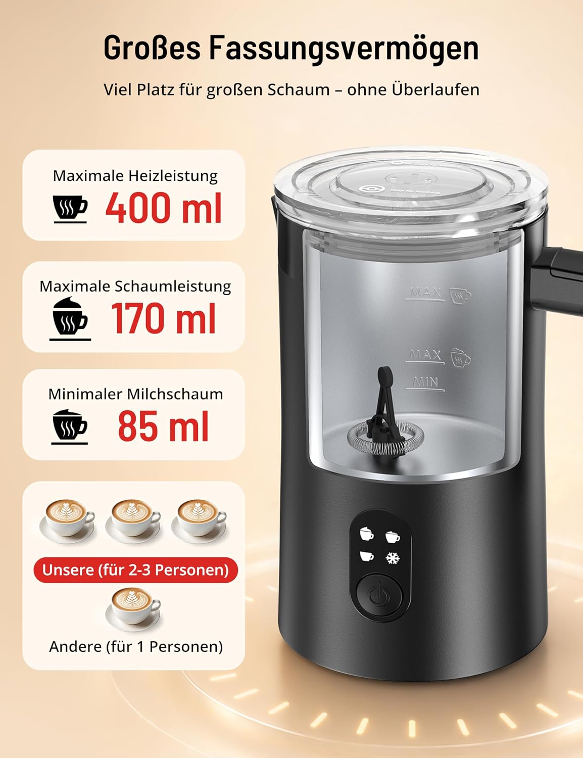 4-in-1 Elektrischer Milchaufschäumer 400ml für Kaffeegetränke, Schwarz
