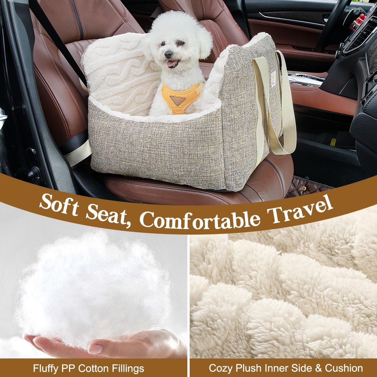 Autositz mit Sicherheitsgurt für Hunde, Braun+Beige
