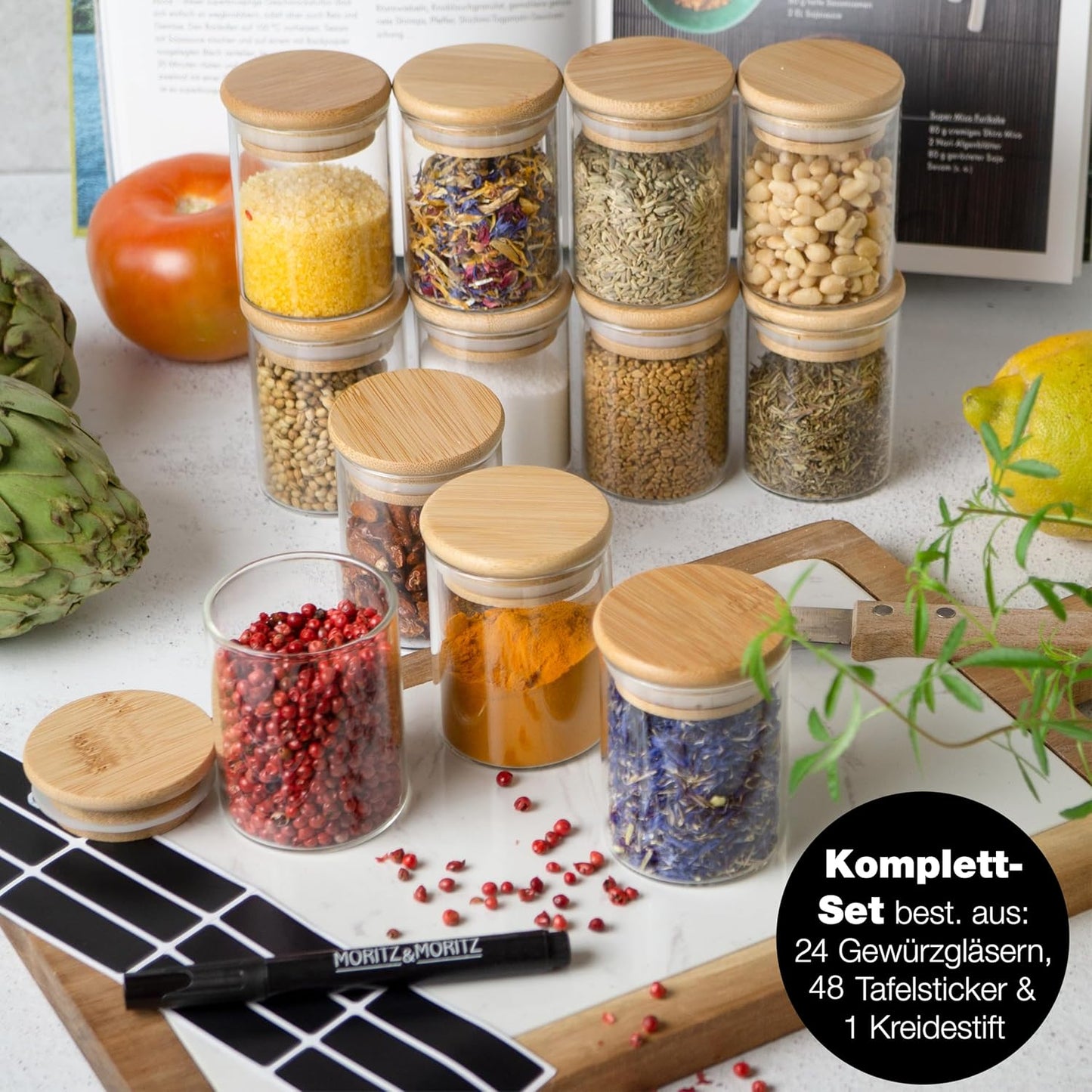 Gewürzgläser-Set mit Bambusdeckel (24 Stück), 24