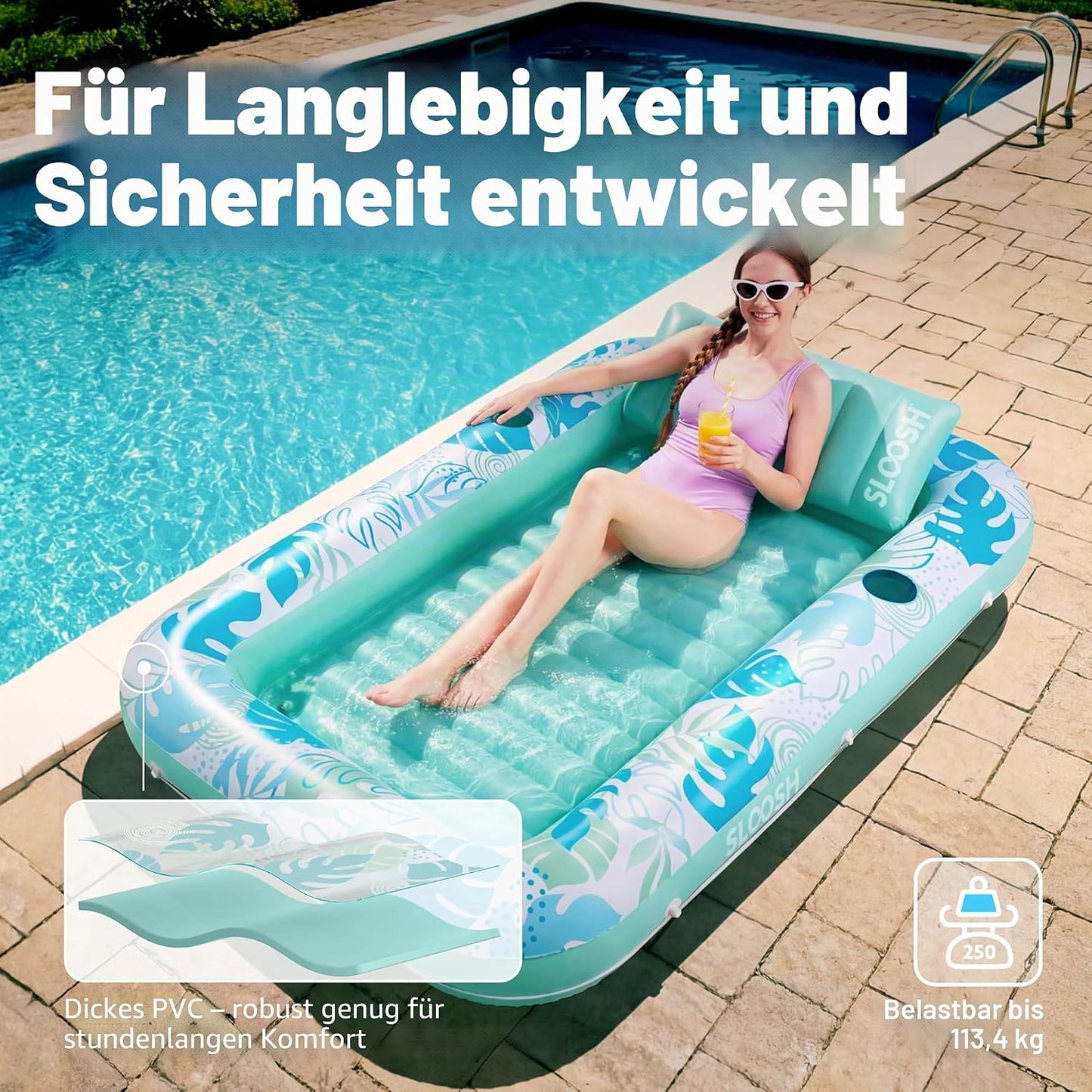 Aufblasbarer 4-in-1 Sonnenliegepool mit Kissen und Getränkehalter, Cyanweiss L