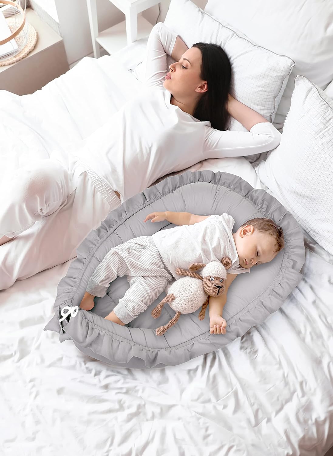 Babynest mit Rüschen für Neugeborene 100% Baumwolle, Grau