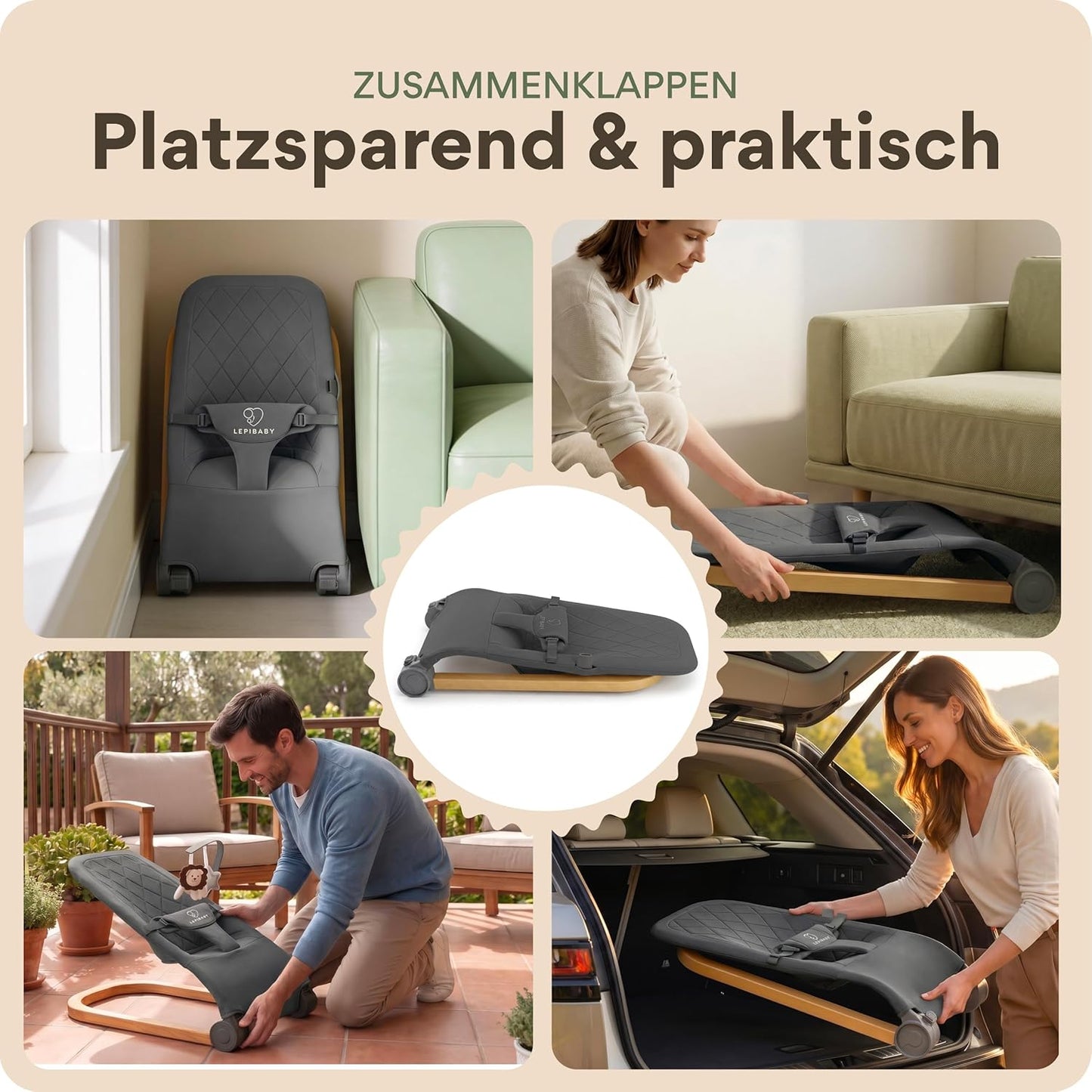 Faltbare Babywippe mit Spielbogen, Grau