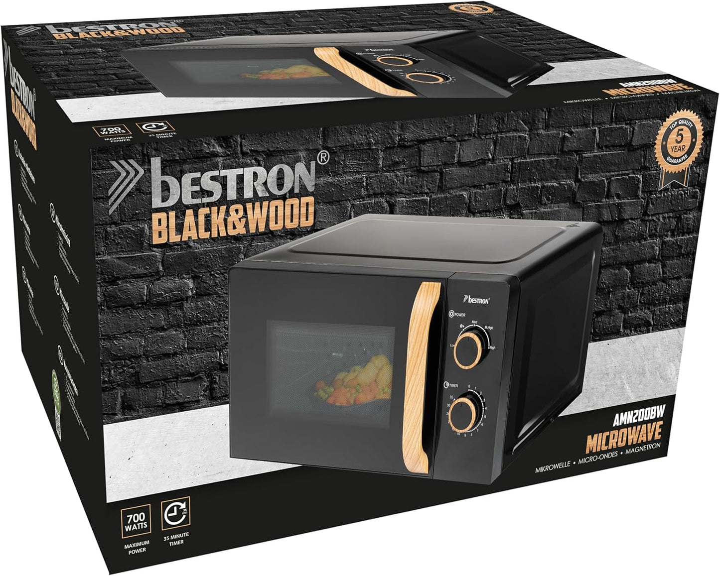 Mikrowelle mit Timer & Drehteller, Black & Wood Collection, Schwarz/Holz