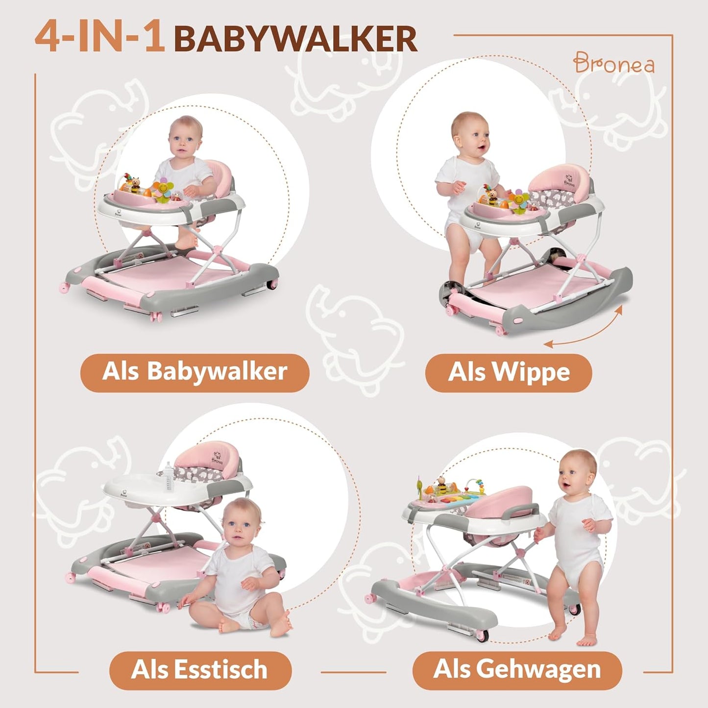 4-in-1 Babywalker mit Schaukelfunktion und Musik, Rosa
