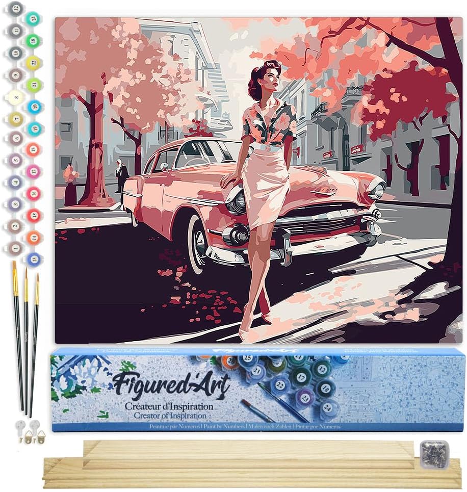 Malen nach Zahlen Set mit Keilrahmen, Dame mit Rosa Oldtimer 40x50cm Mit Keilrahmen (nicht gespannt)
