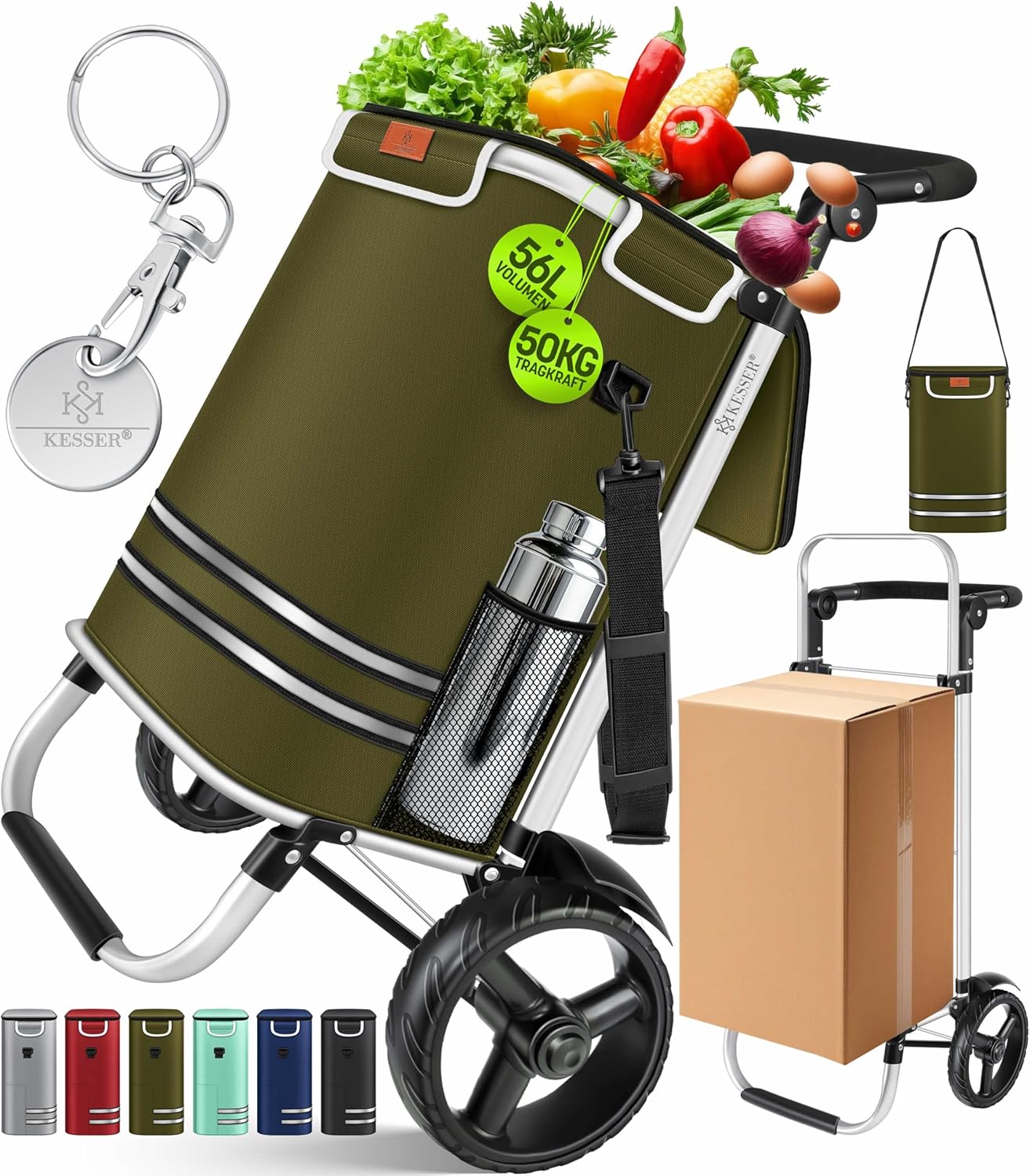 3-in-1 Einkaufstrolley mit Kühlfach & Einkaufschip, Khaki
