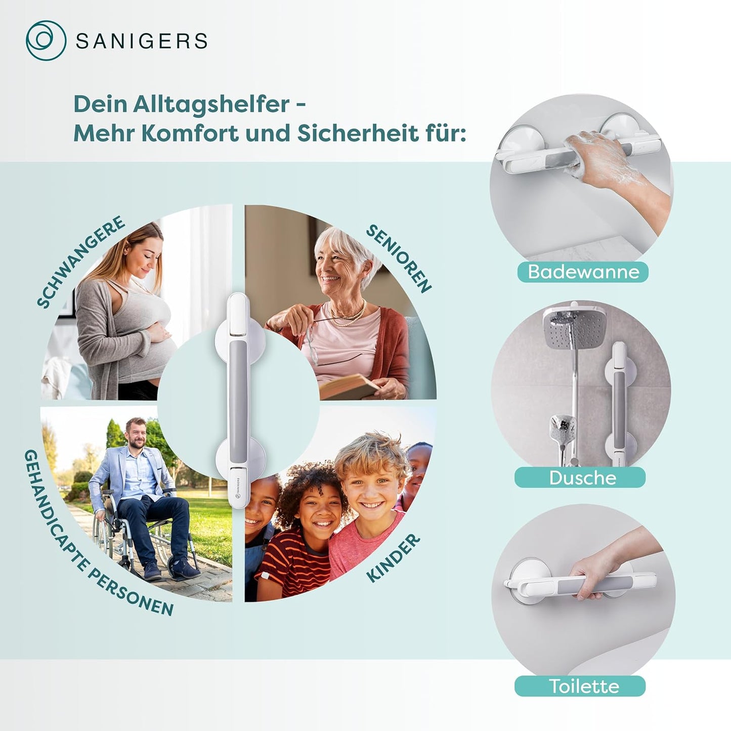 Dusch-Haltegriff mit Saugnapf, ohne Bohren, Weiss/Grau
