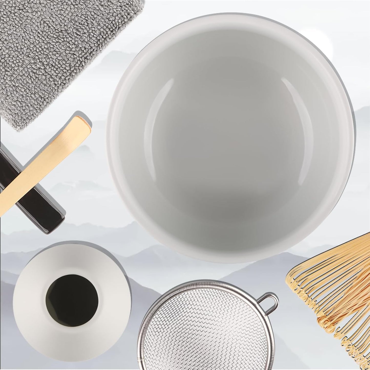 Matcha-Set mit Bambusbesen und Zubehör (7-teilig), Flache Spitze, Mattweiss Bambus-Matcha-Besen