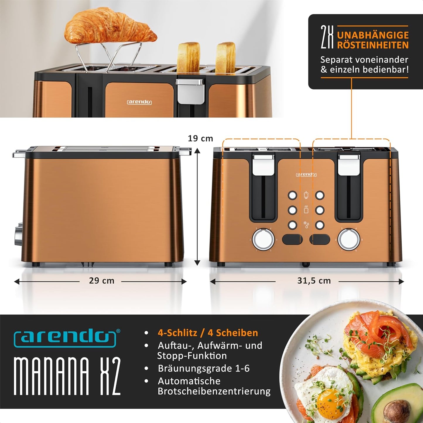Manana X2 Toaster mit LED-Anzeige, E: Kupfer