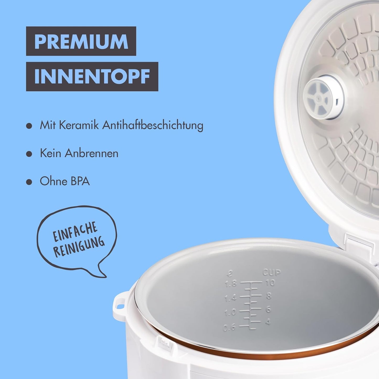 Reiskocher & Dampfgarer mit Keramikbeschichtung, 1,8L | Weiss